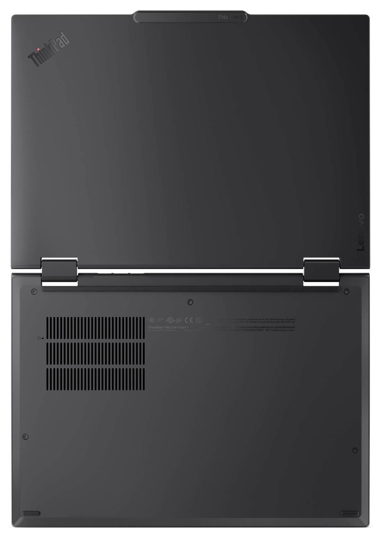 Ein Laptop, der sein schlankes Profil und seine Scharniergestaltung zeigt, mit dezenten Markenzeichen auf dem Deckel.