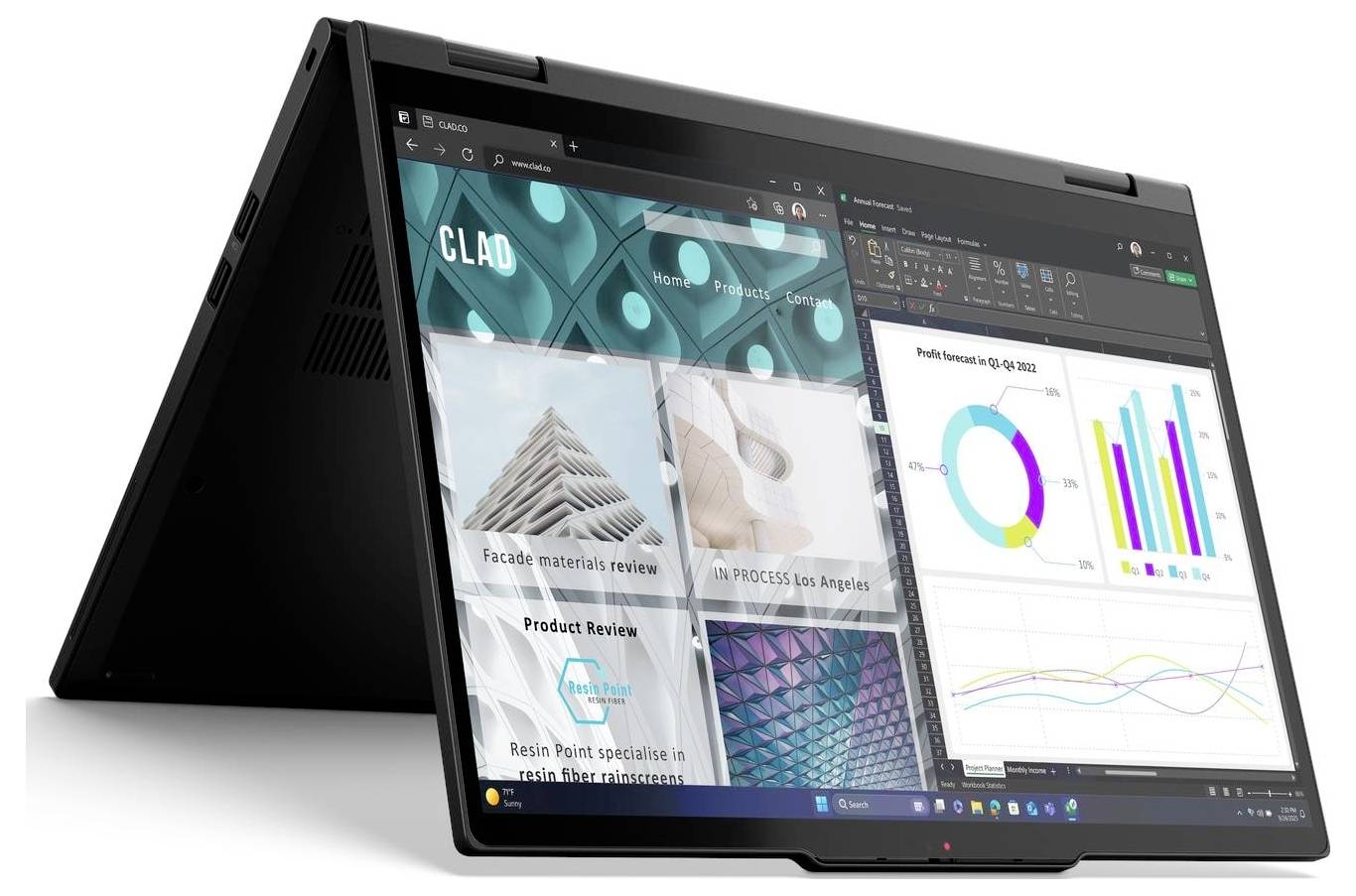 Ein Laptop im Zeltmodus zeigt Geschäftsanalysen mit Balken- und Liniendiagrammen auf der einen Seite und eine Webseite mit Baumaterialien auf der anderen Seite.