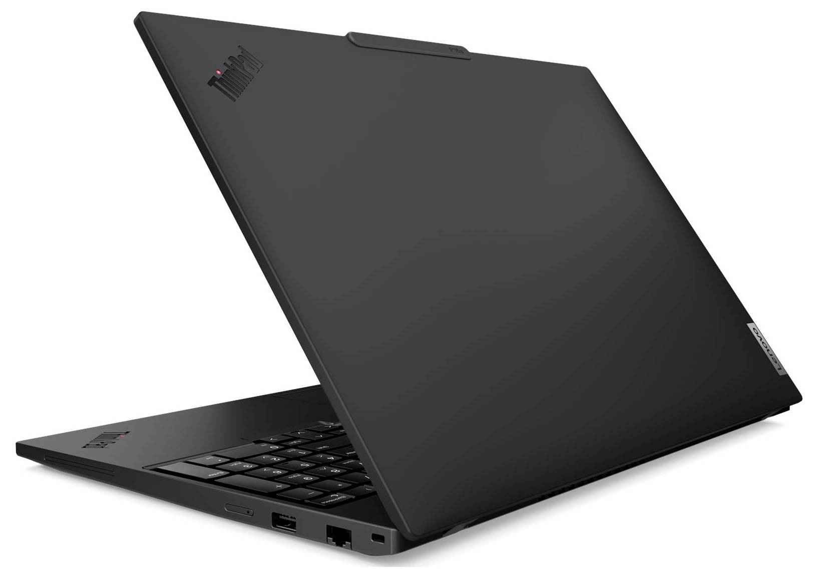 Ein schlanker, schwarzer Laptop ist teilweise geöffnet und zeigt seine Tastatur und Deckel. Der Laptop verfügt über ein minimalistisches Design mit einem leuchtenden Logo an der Seite.