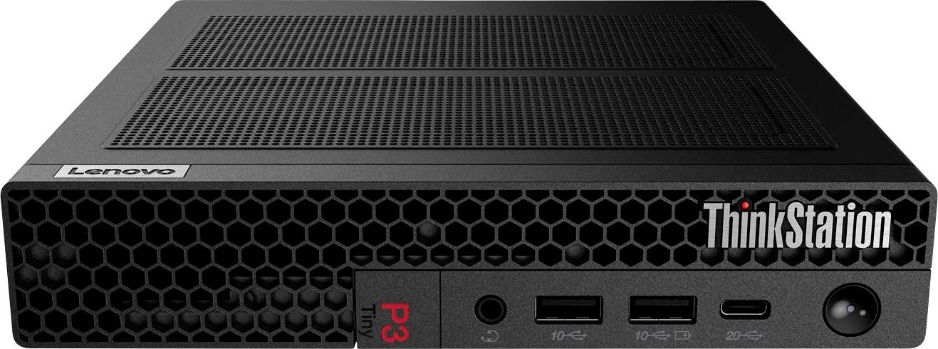 Ein Lenovo ThinkStation P3 Tiny Computer von vorne gezeigt, mit durchlöcherter Lüftungsschlitz und mehreren Anschlüssen, versehen mit Produktlogos.