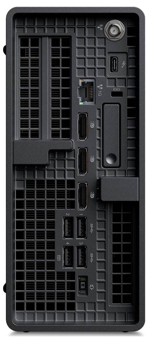 Ansicht der Rückseite eines Computers mit mehreren Anschlüssen, darunter HDMI, USB-C und Netzwerkverbindungen, die für die Konnektivität unerlässlich sind.