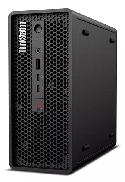 Ein kompakter schwarzer Computer-Tower mit Gitterbelüftung, vorderen Anschlüssen und 'ThinkStation' Logo; steht aufrecht und zeigt modernes Design.