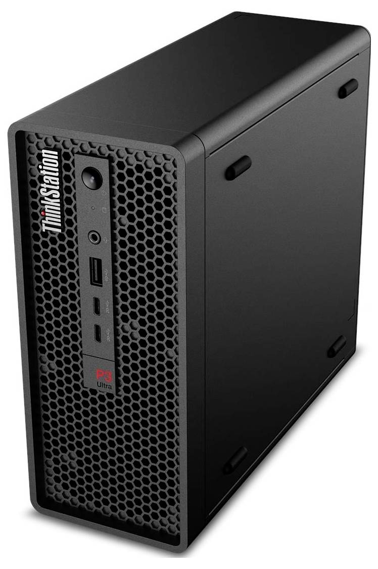 Ein schwarzer Lenovo ThinkStation Desktop-Computer im Small-Form-Factor-Design mit vorderen USB-Anschlüssen und Einschalttaste, der vertikal aufgestellt ist.