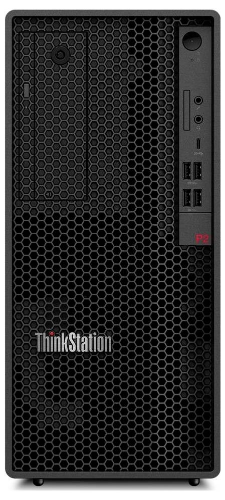 Ein schwarzer Lenovo ThinkStation Desktop-Turm mit einem sechseckigen Lüftungsmuster, mehreren USB-Anschlüssen, einem Einschaltknopf und einem ThinkStation-Logo.