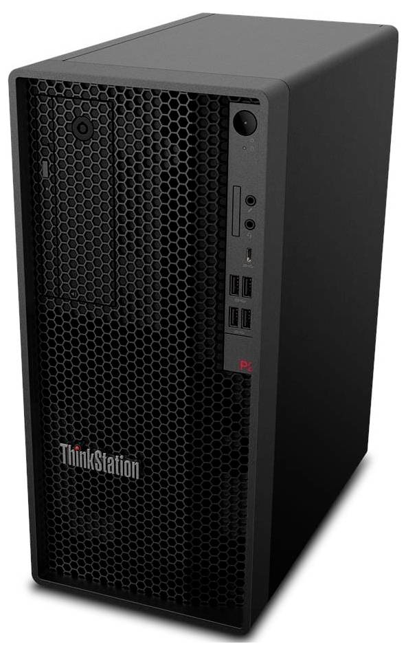 Ein schwarzer ThinkStation-Desktop-Tower mit vorderen USB-Anschlüssen und DVD-Laufwerk, konzipiert für Hochleistungsrechnen oder Workstation-Aufgaben.
