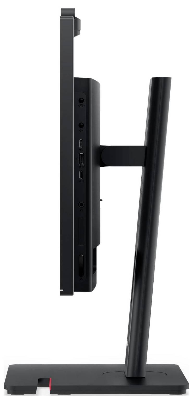 Ein schlanker Computermonitor wird in Seitenansicht auf einem Ständer gezeigt, wobei sein dünnes Design und die Anschlüsse auf der Rückseite hervorgehoben werden.