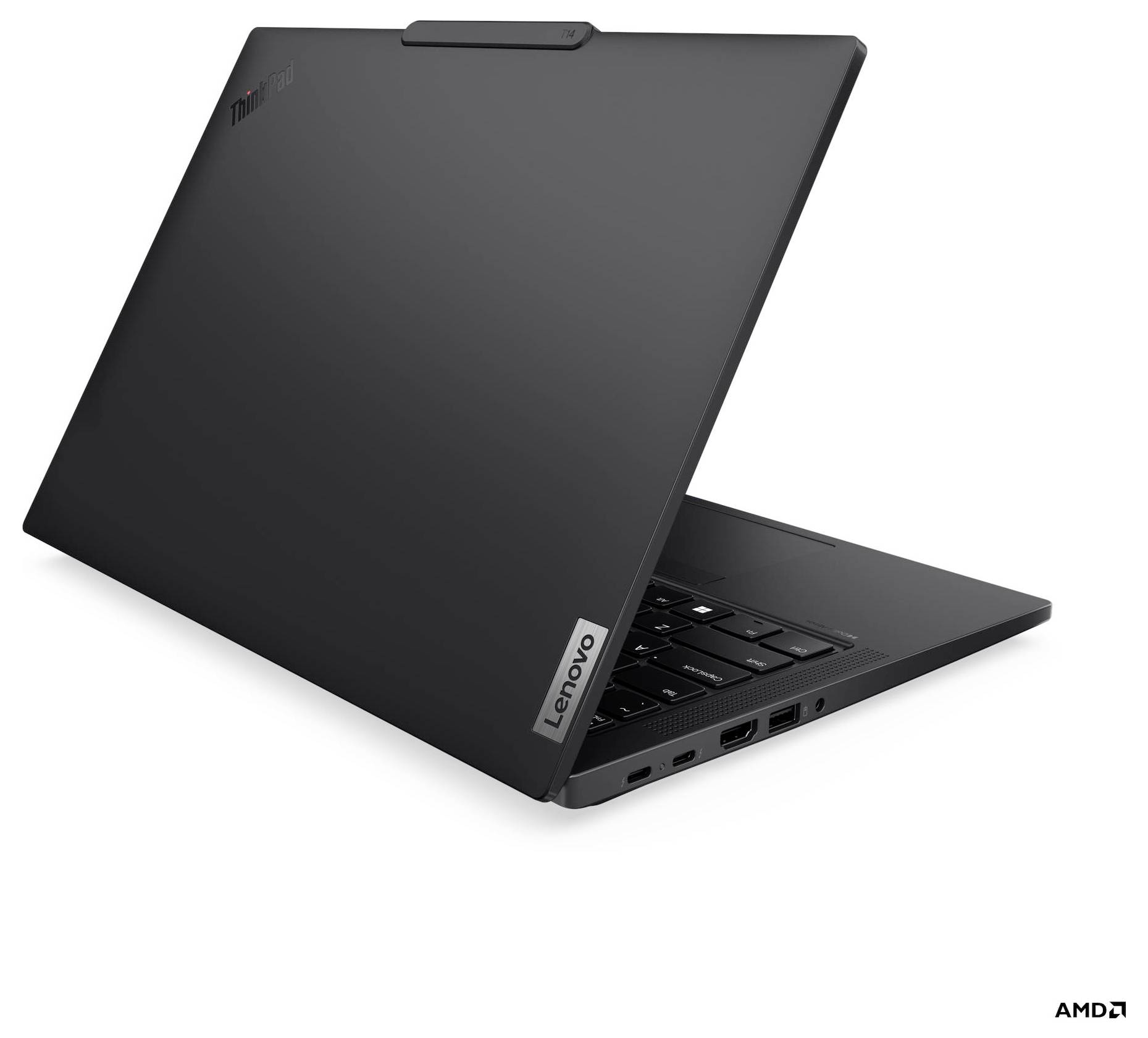 Ein teilweise geöffneter schwarzer Laptop, der das Lenovo-Logo in der Ecke zeigt und sein elegantes Design und dünnes Profil vor einem weißen Hintergrund präsentiert.