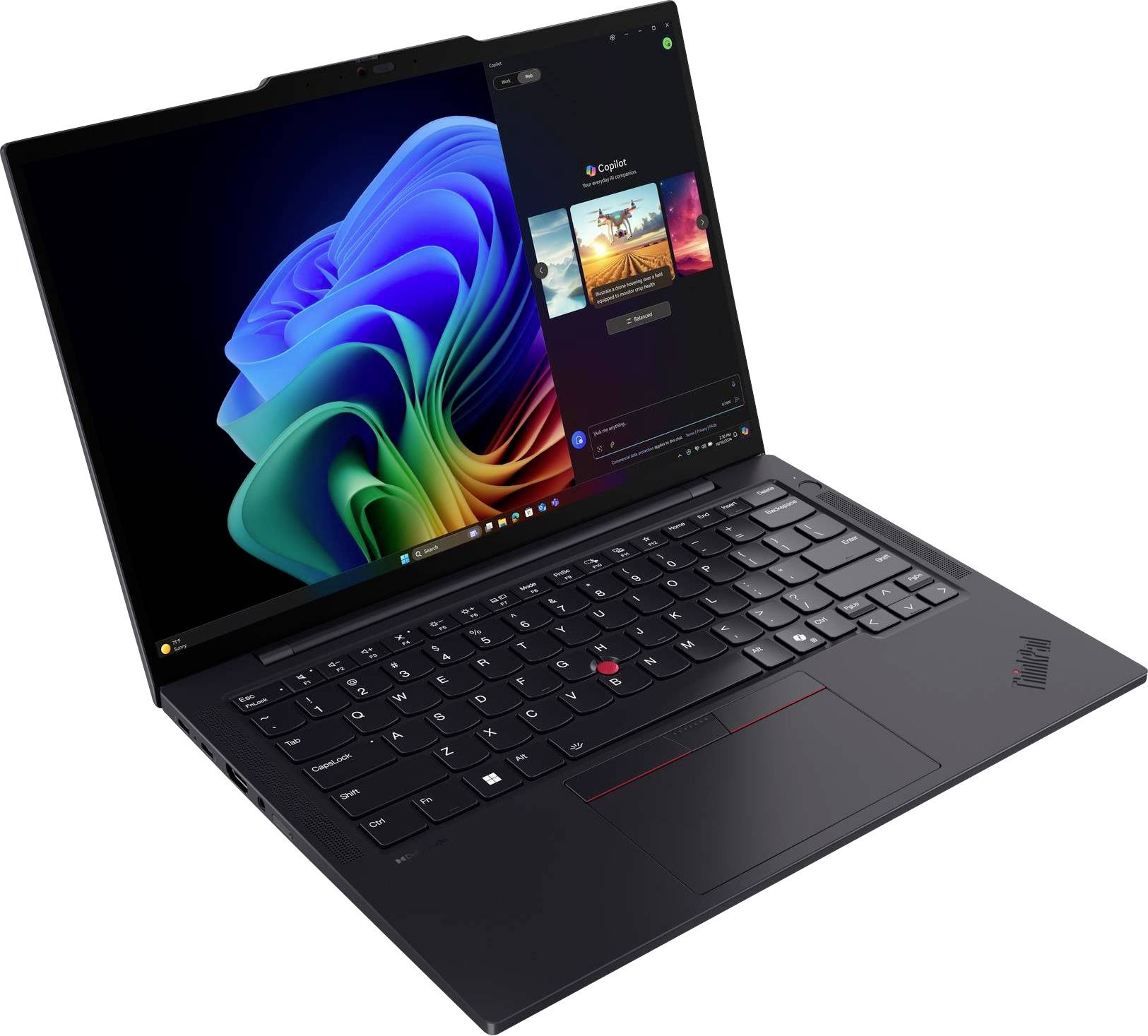 Ein schlankes schwarzes Laptop mit einem bunten Bildschirm und einem App-Fenster. Seine Tastatur verfügt über einen roten Trackpoint.