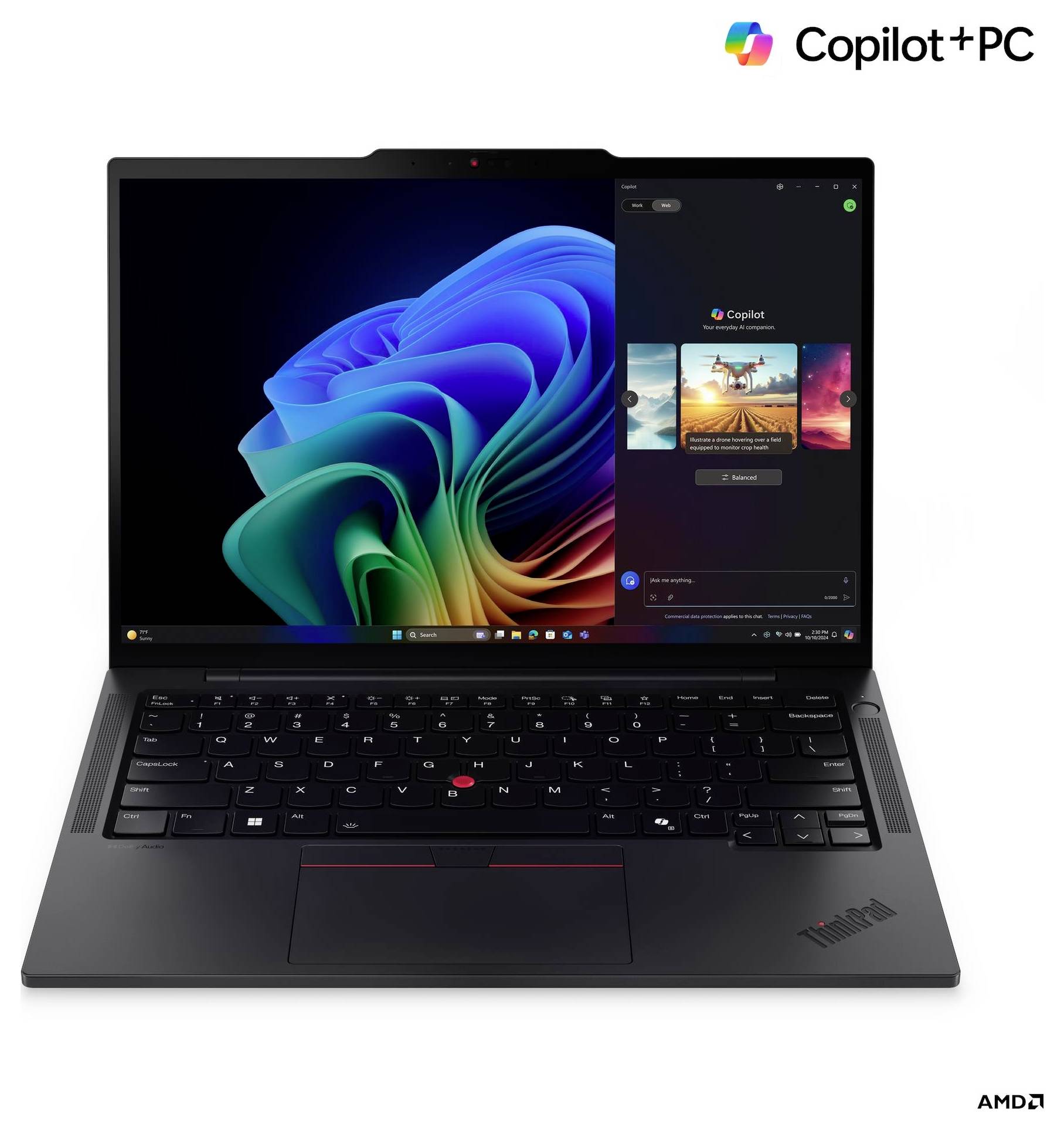 Ein Laptop mit einer bunten Windows-Hintergrundgrafik und einer Anwendung mit dem Titel "Copilot". Die Logos von "AMD" und "ThinkPad" sind sichtbar.