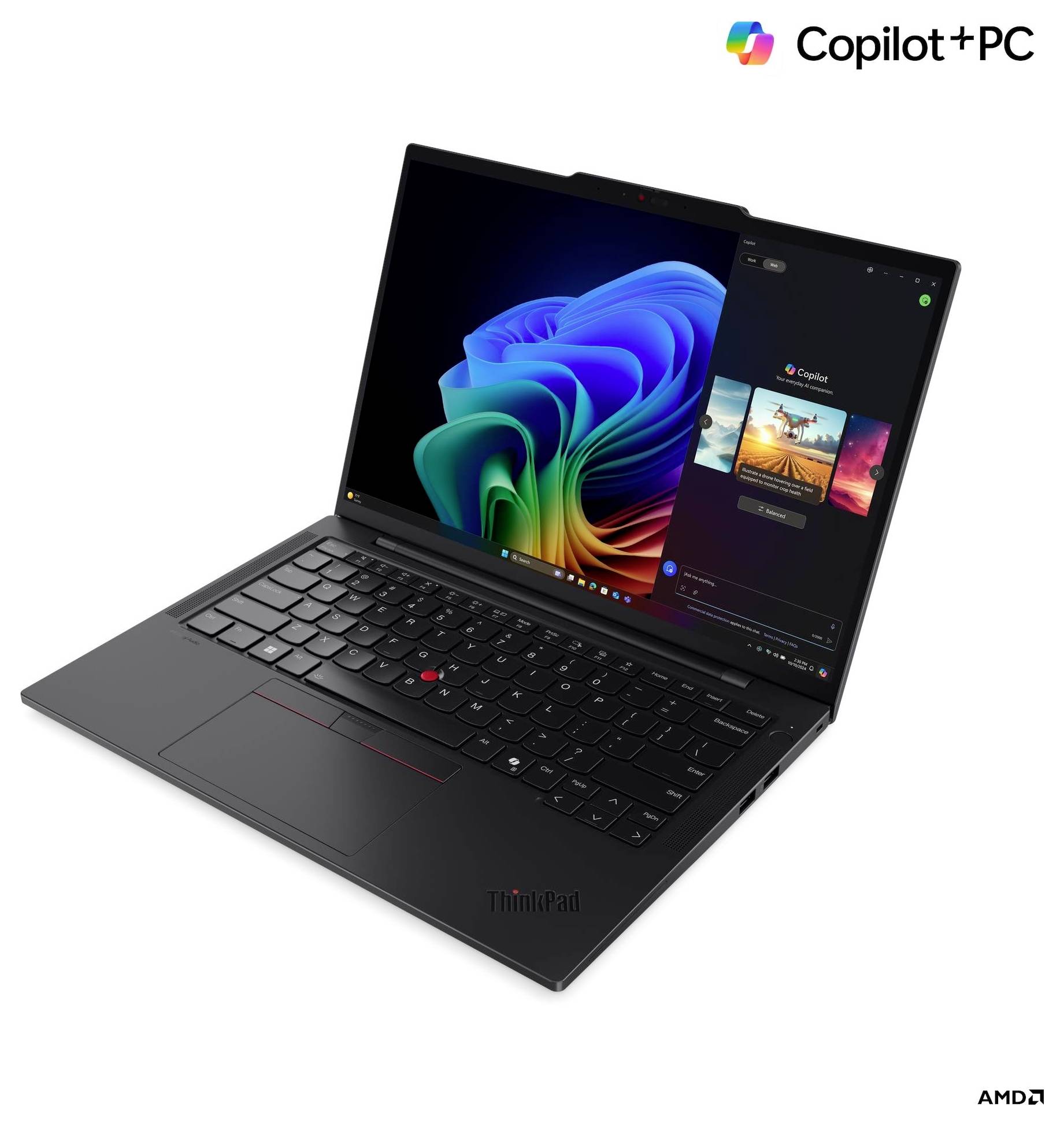 Ein Laptop, der lebendige Grafiken auf seinem Bildschirm zeigt. Der Text liest sich "Copilot + PC". Das AMD-Logo ist sichtbar und deutet auf fortschrittliche Leistungsmerkmale hin.