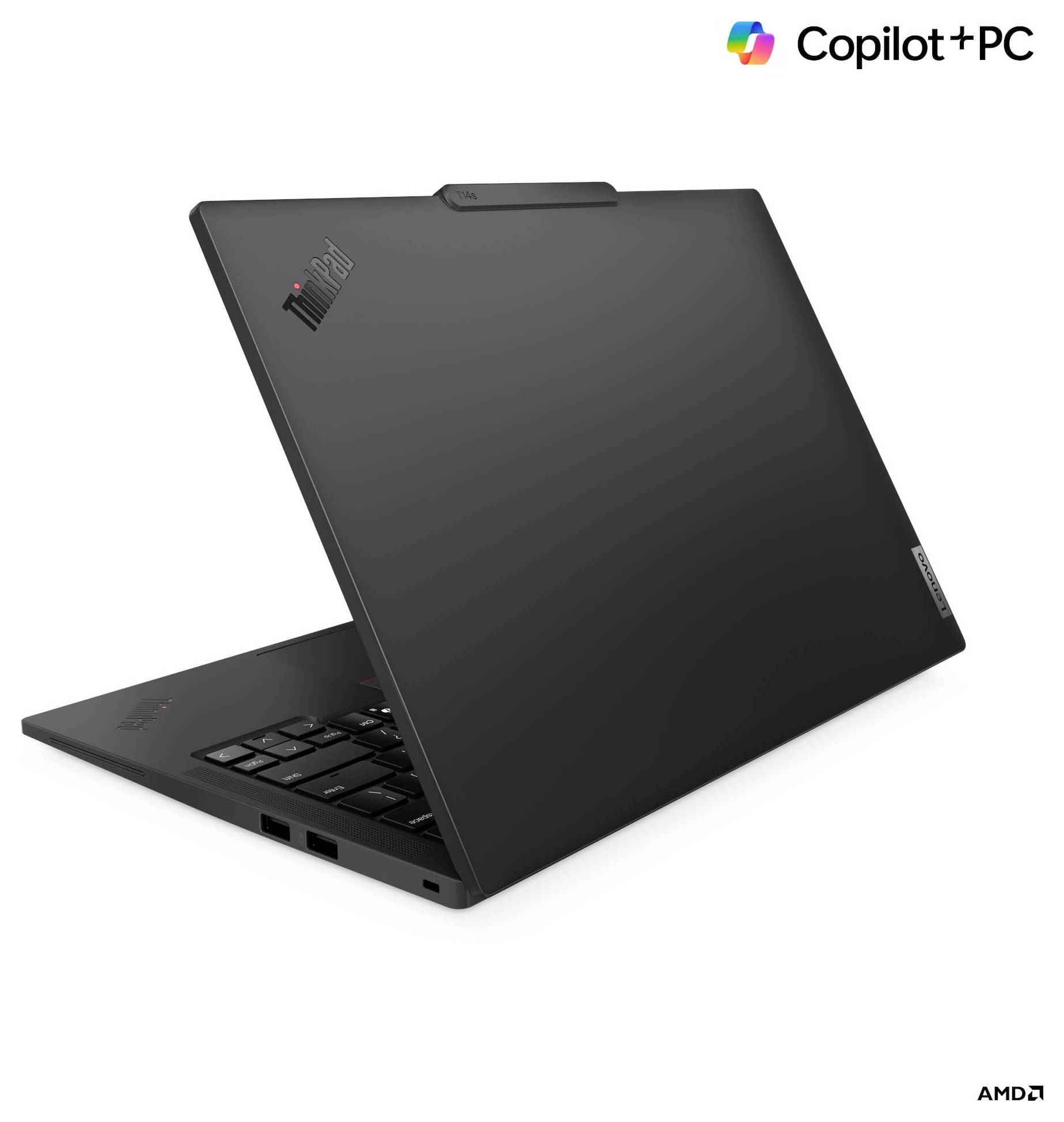 Ein schwarzer Laptop, halb geöffnet, auf dem die Logos 'Copilot+PC' und 'AMD' zu sehen sind. Das Design ist schlicht mit einer sichtbaren Tastatur.