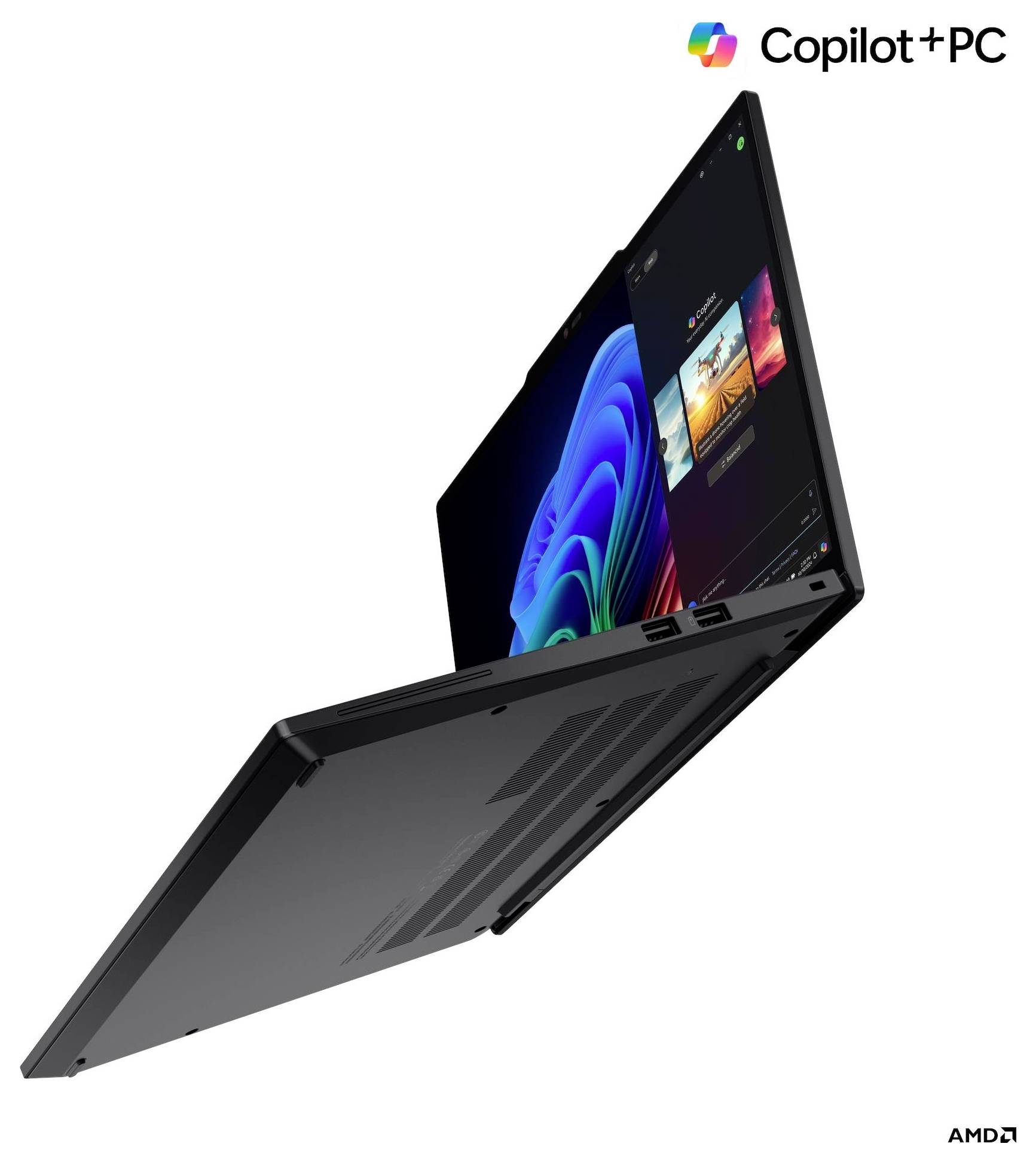 Ein schlanker schwarzer Laptop mit einem hellen Bildschirm, der farbenfrohe Grafiken zeigt. Er ist mit dem Titel 'Copilot + PC' versehen und trägt das AMD-Logo.