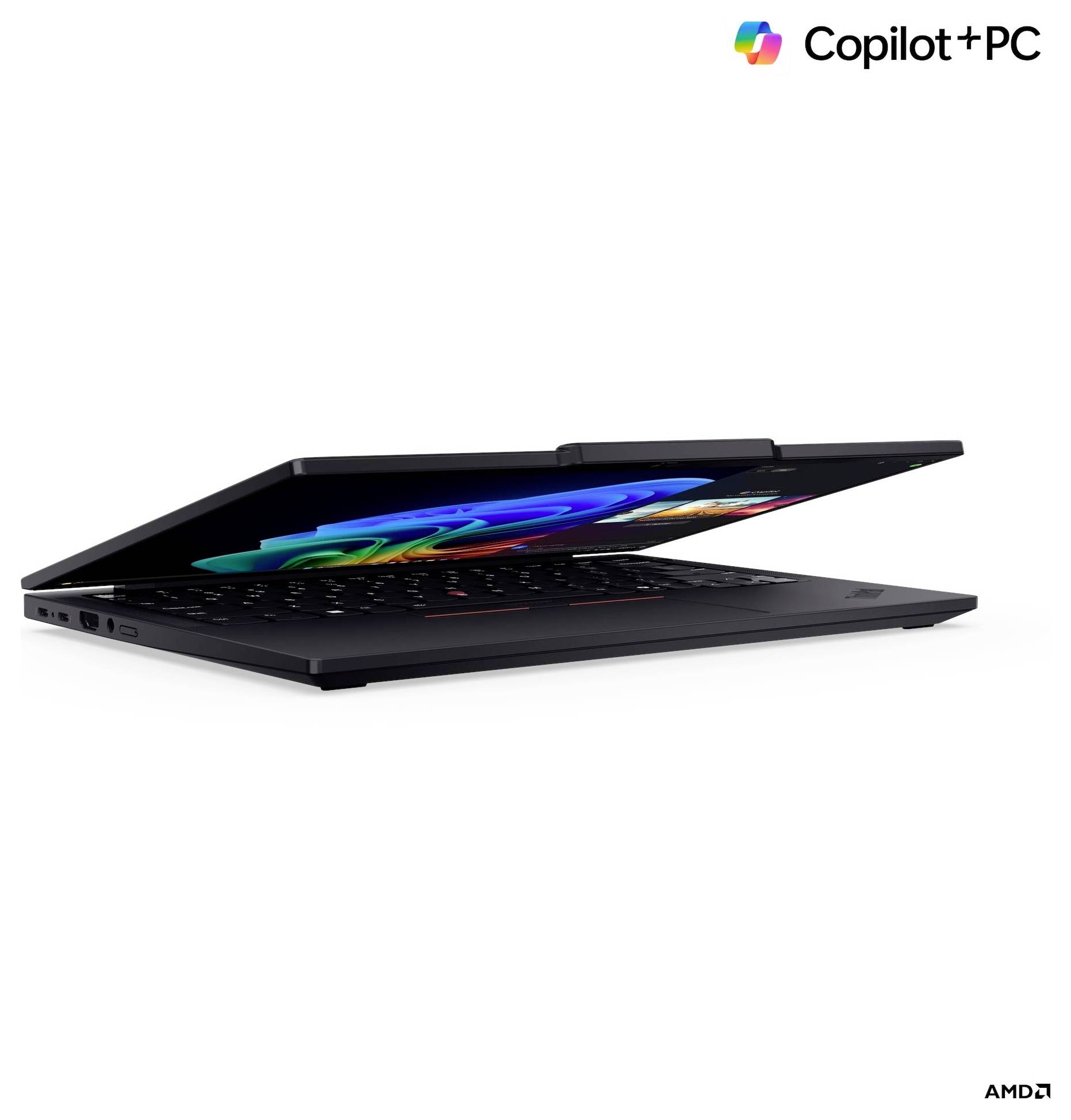 Ein teilweise geöffneter Laptop mit elegantem Design, der einen bunten Bildschirm zeigt und mit dem 'Copilot+PC'- und 'AMD'-Logo versehen ist.