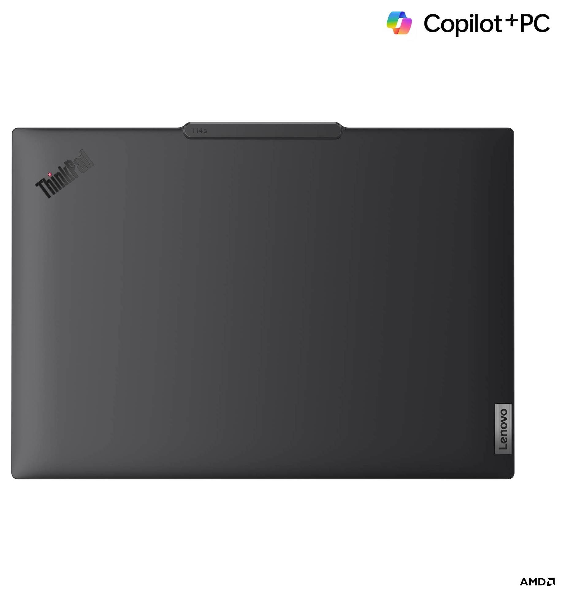 Ein geschlossener Lenovo ThinkPad Laptop, von oben betrachtet. Sichtbare Markenlogos: 'ThinkPad', 'Lenovo', 'Copilot+PC' und 'AMD'.