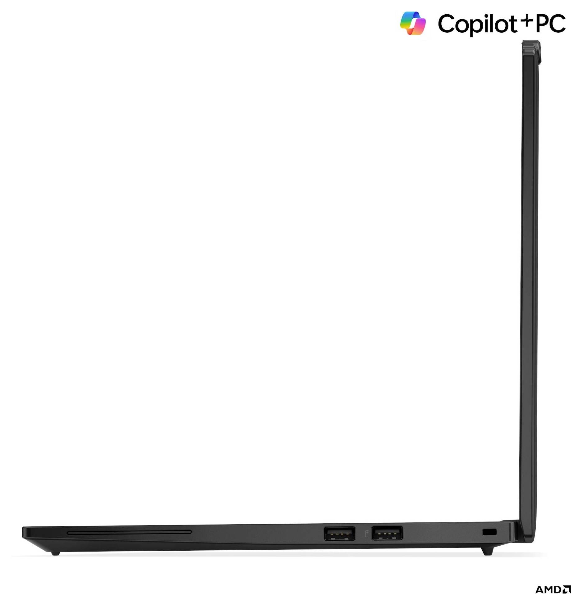 Ein schlankes Laptop, Seitenansicht, teilweise geöffnet, mit sichtbaren Anschlüssen. Logos in den Ecken: 'Copilot+PC' oben rechts, 'AMD' unten rechts, vor weißem Hintergrund.
