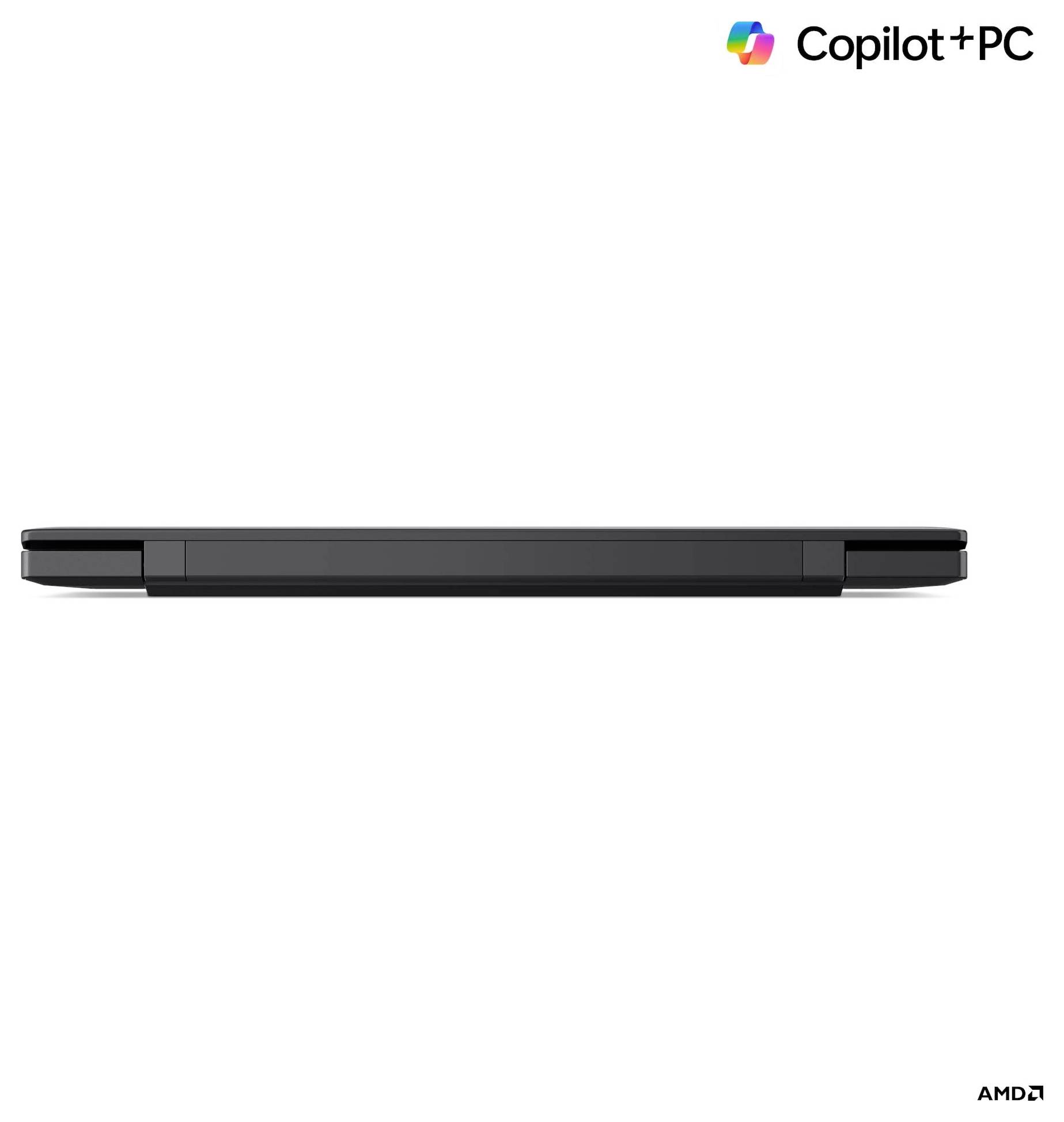 Ein schlanker, geschlossener Laptop, von der Seite betrachtet, mit dem 'Copilot + PC' Logo in der Ecke, der ein minimalistisches Design präsentiert.