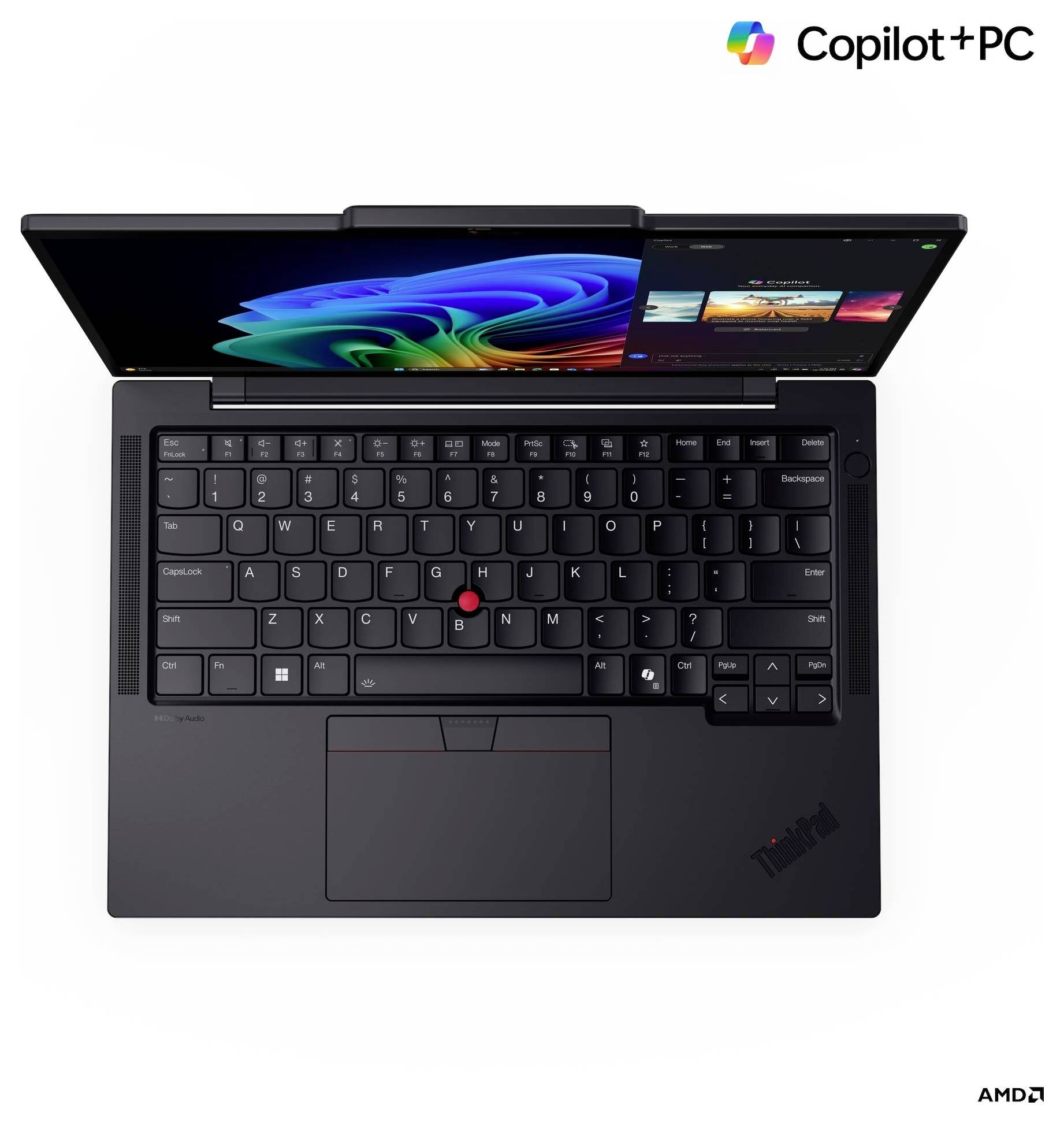 Ein schwarzer Laptop mit geöffnetem Deckel, der einen bunten Bildschirm zeigt. Das Copilot+PC-Logo befindet sich oben rechts. Die Tastatur ist sichtbar.
