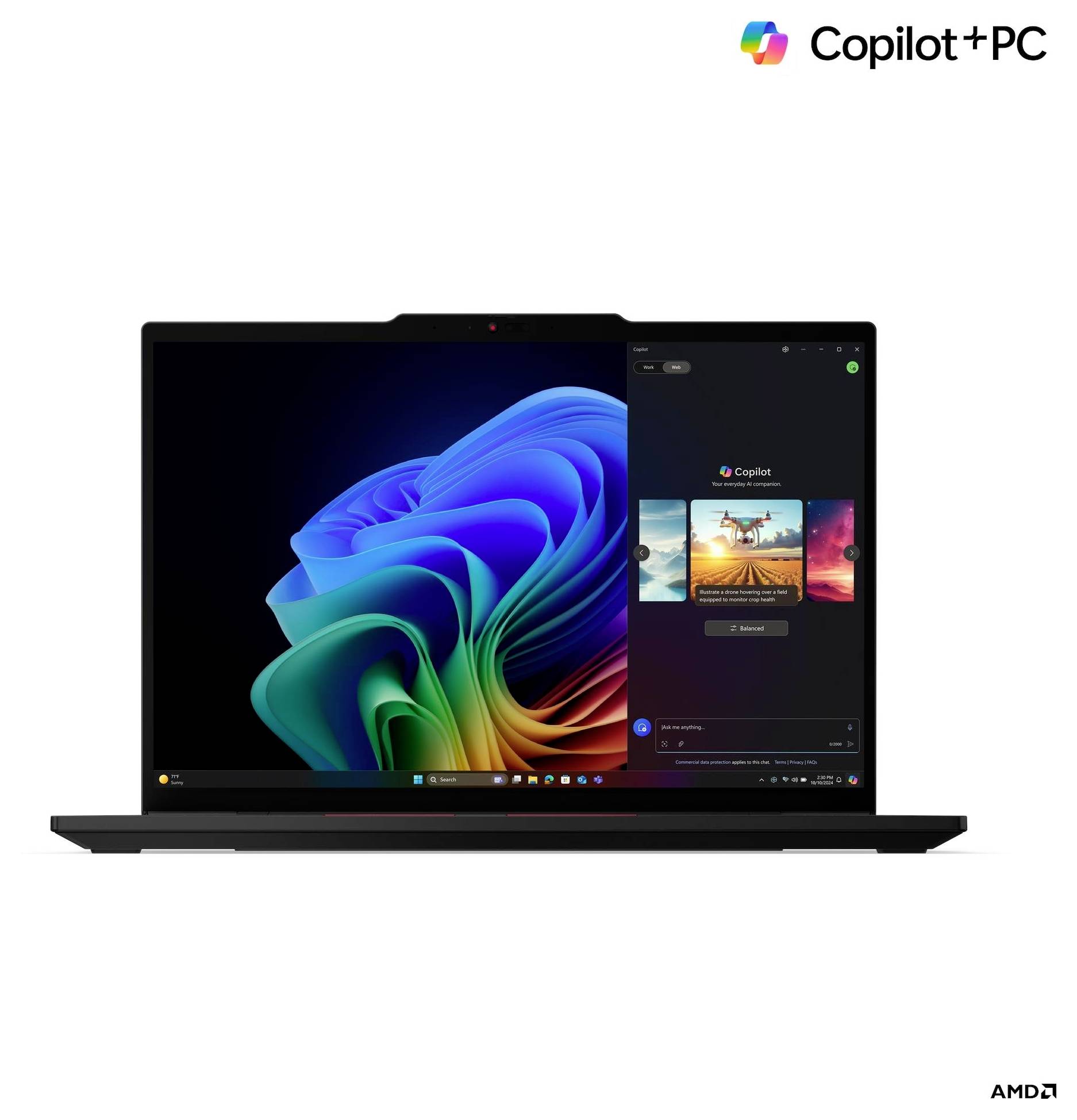 Ein Laptop, der ein Windows-Betriebssystem mit bunter Bildschirmgrafik zeigt und eine Seitenleiste mit Funktionen der 'Copilot'-Anwendung präsentiert.