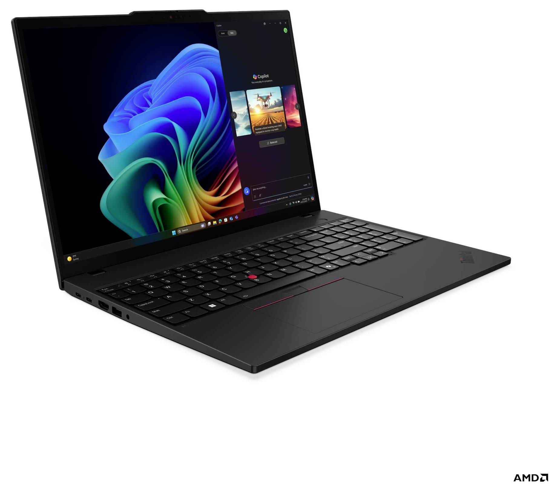 Ein schlankes schwarzes Laptop mit einem leuchtenden Bildschirm, auf dem die Windows-Benutzeroberfläche zu sehen ist, mit einer farbenfrohen abstrakten Hintergrundgrafik und geöffneten Anwendungen.