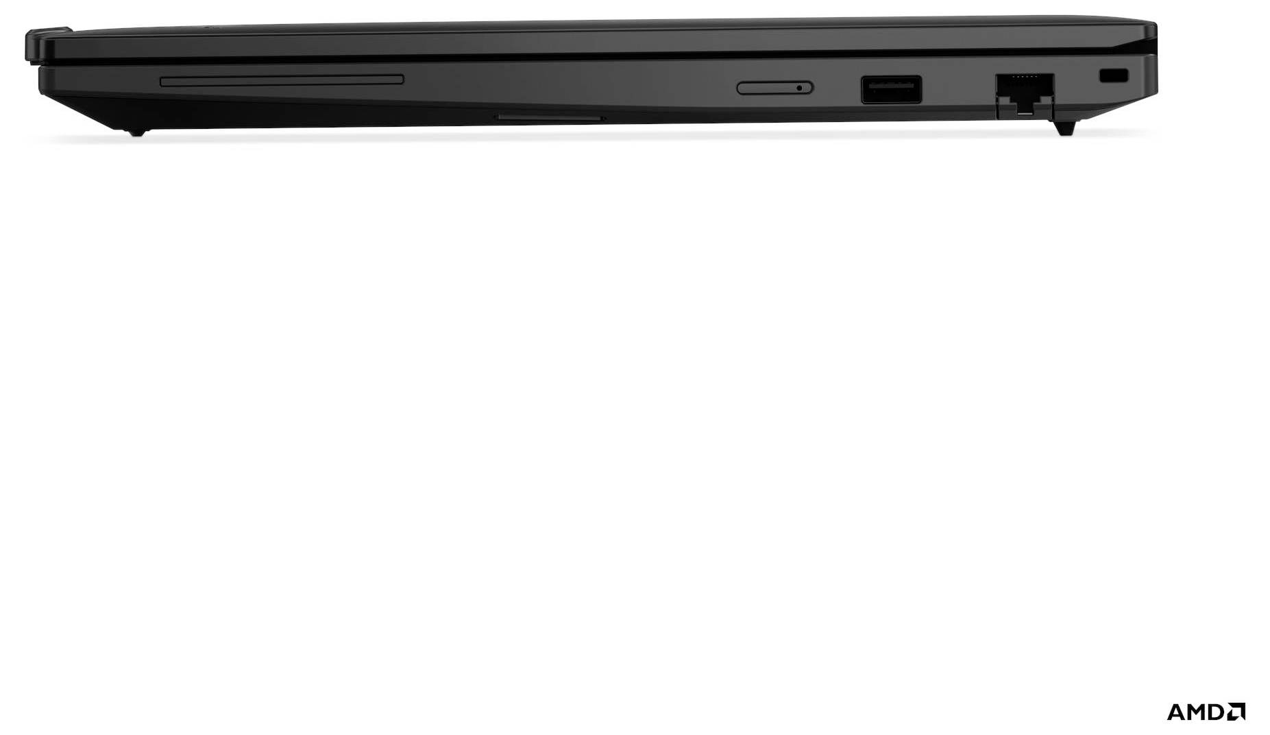 Seitenansicht eines geschlossenen schwarzen Laptops, der Anschlüsse auf der rechten Kante zeigt, einschließlich USB- und Ethernet-Verbindungen.