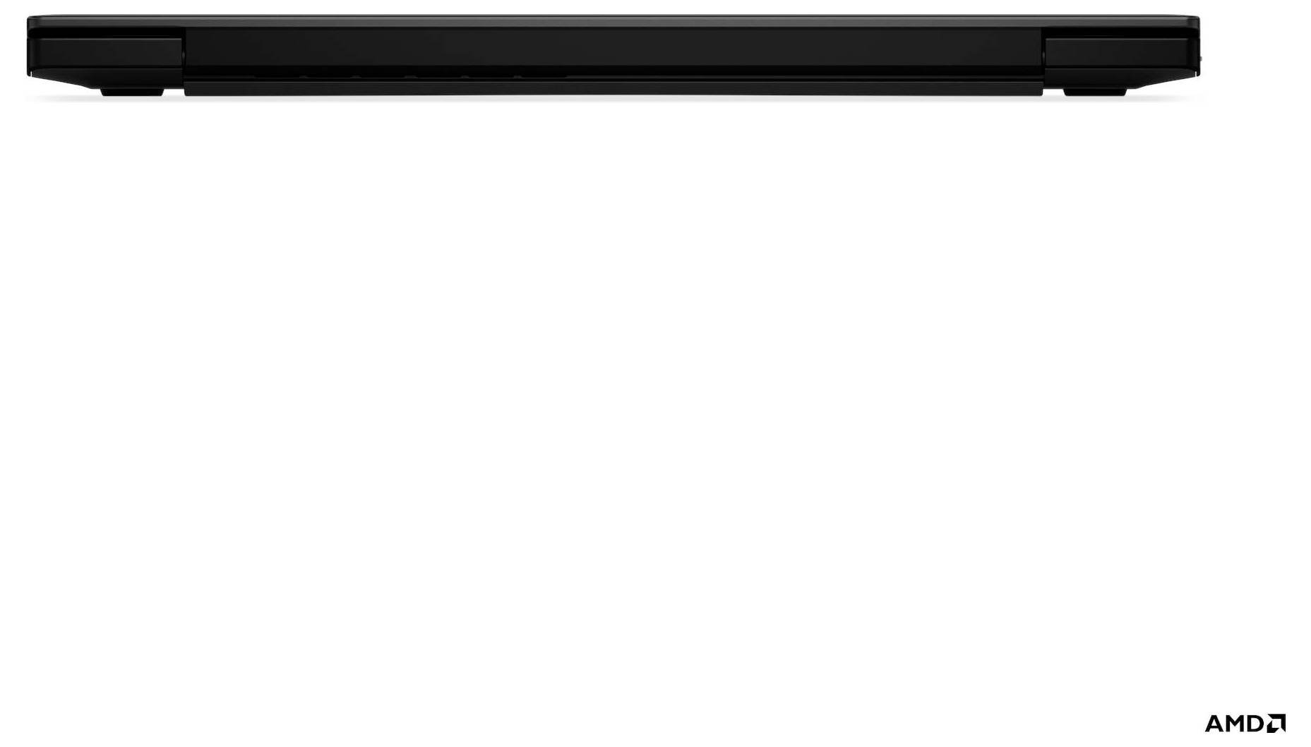 Ein geschlossener, schlanker schwarzer Laptop, von der Seite gesehen, vor einem weißen Hintergrund, mit dem AMD-Logo in der unteren rechten Ecke.