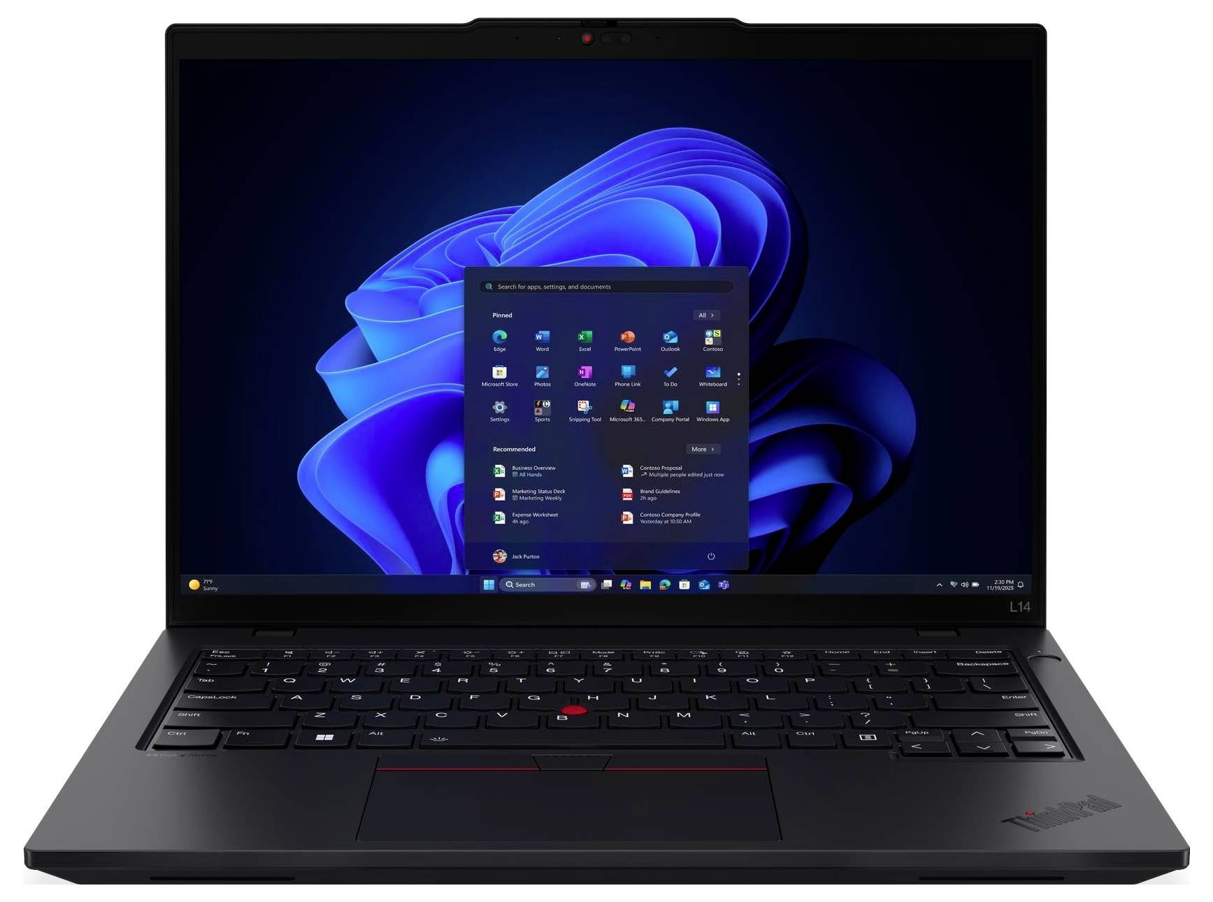 Ein schwarzer Laptop mit einer Windows-Desktop-Oberfläche, die auf dem Bildschirm angezeigt wird und blaue abstrakte Formen sowie ein geöffnetes Startmenü zeigt.