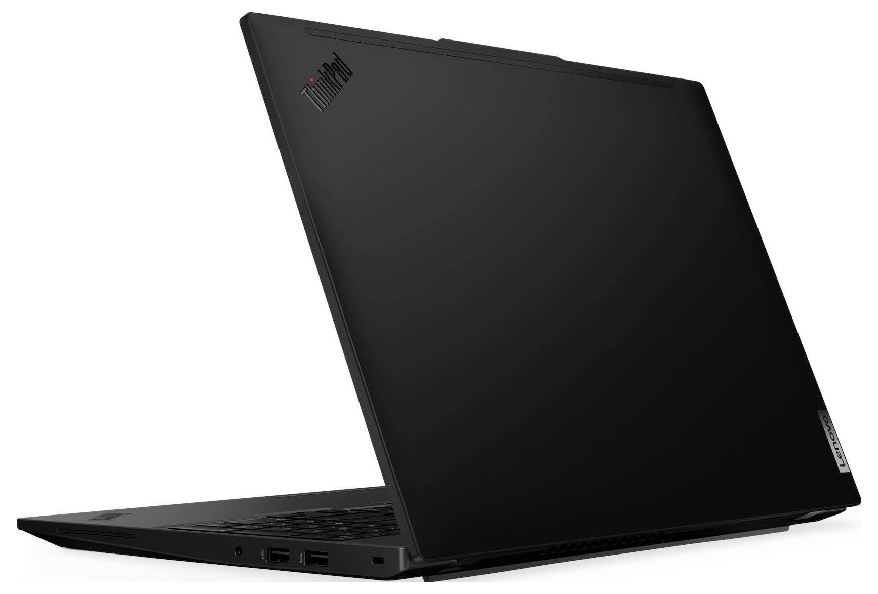 Ein schlankes schwarzes Laptop, halb geöffnet, mit einem minimalistischen Design und dem Logo in der Ecke.