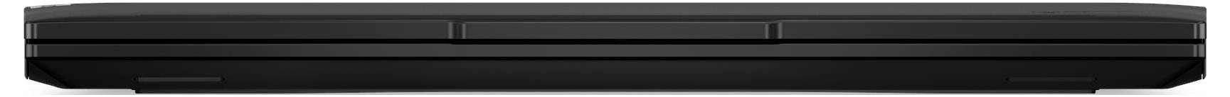 Ein geschlossener schwarzer Laptop, von vorne betrachtet, der sein elegantes und minimalistisches Design zur Geltung bringt.