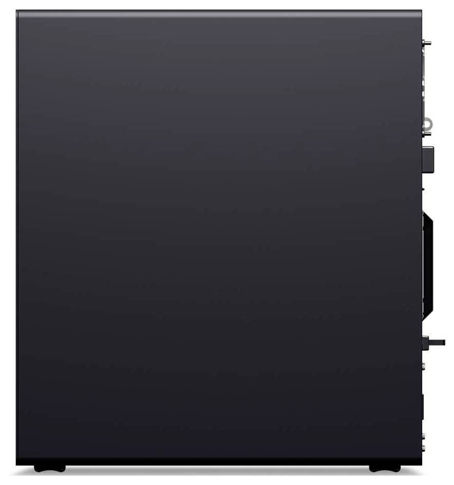 Seitenansicht eines schlanken, schwarzen Computer-Towers mit minimalistischem Design, der eine glatte Oberfläche und subtile Details an den Kanten hervorhebt.