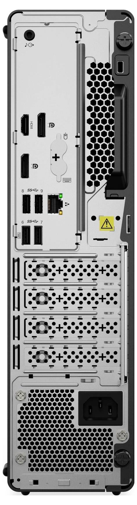 Rückansicht eines Computertowers mit verschiedenen Anschlüssen, darunter USB, HDMI, Ethernet und Stromanschluss. Lüftungsschlitze sind sichtbar.