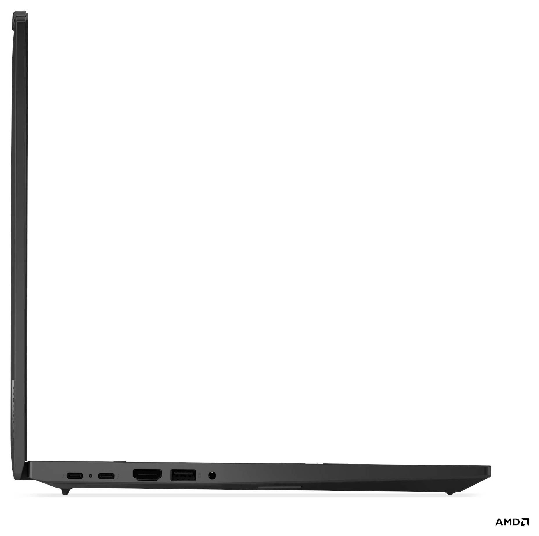 Eine Seitenansicht eines dünnen, offenen Laptops, der die Anschlüsse auf der linken Seite zeigt, einschließlich USB, HDMI und Kopfhörerbuchse. Mit dem 'AMD' Logo versehen.