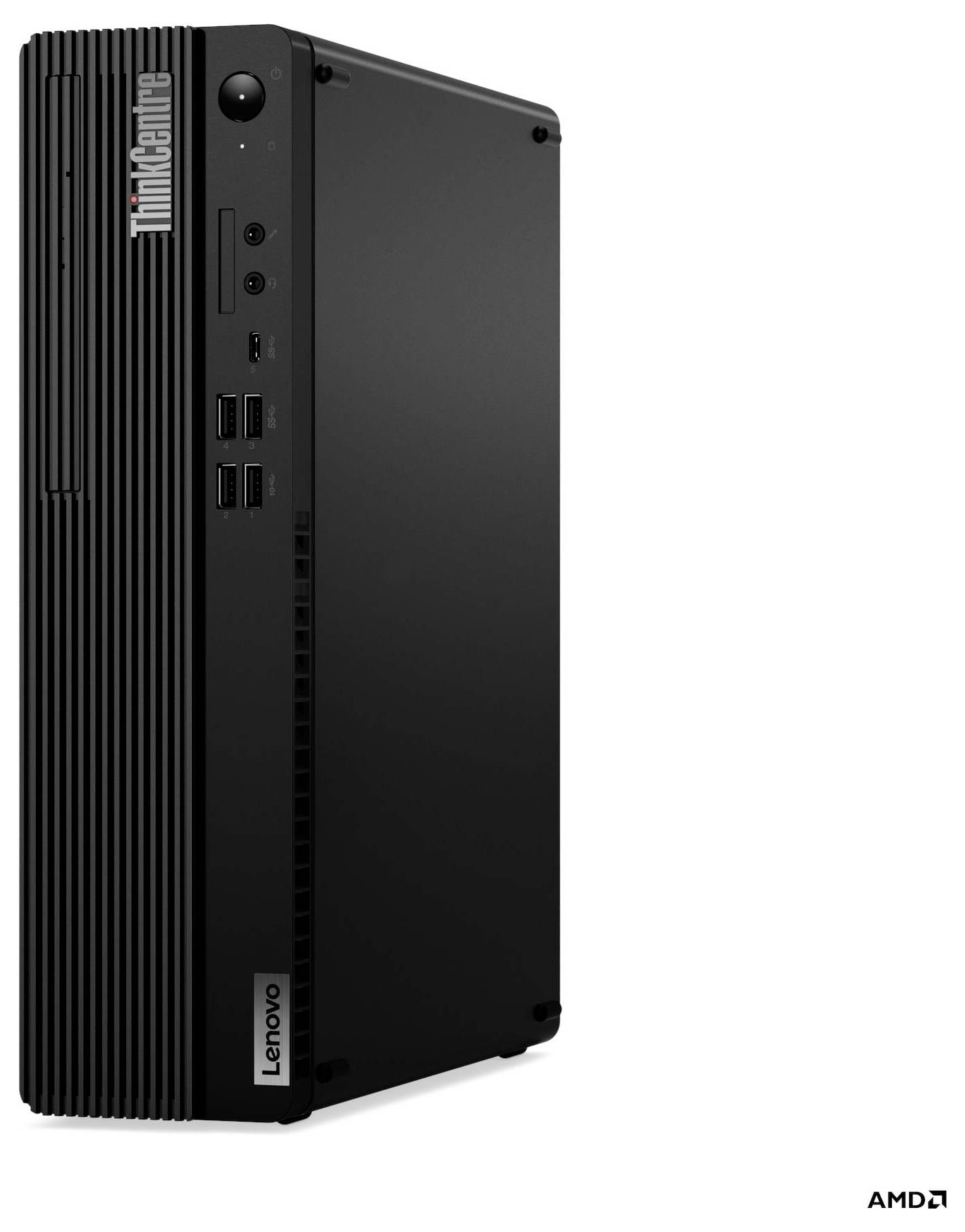 Ein Lenovo ThinkCentre Desktop-Computer, schwarz mit vertikaler Bauweise, ausgestattet mit mehreren USB-Anschlüssen und Markenlogogs auf der Frontplatte.