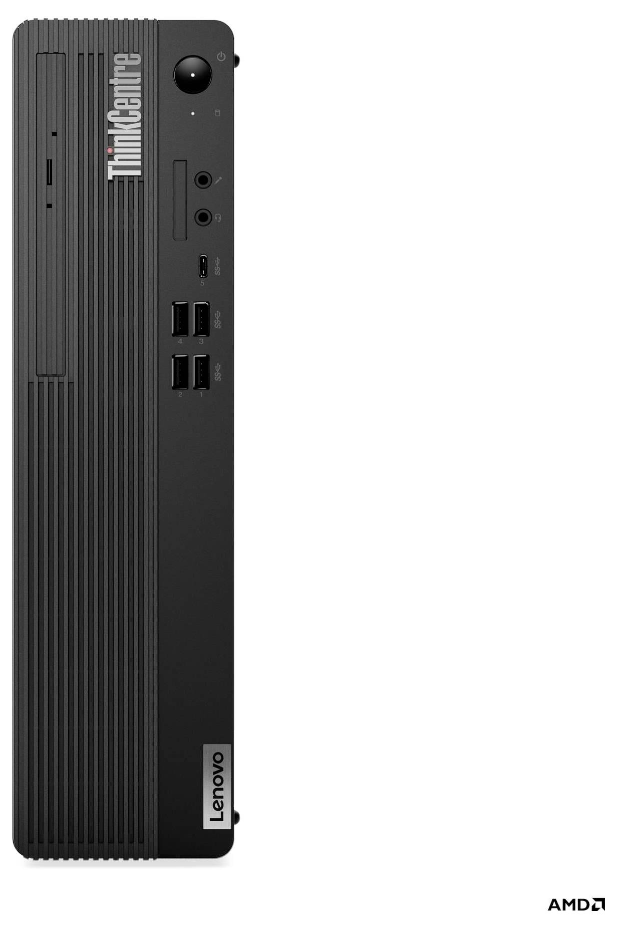 Ein schwarzer Lenovo ThinkCentre Personal Computer mit mehreren USB-Anschlüssen und Audiobuchsen, mit vertikalen Rillen auf der Frontplatte.