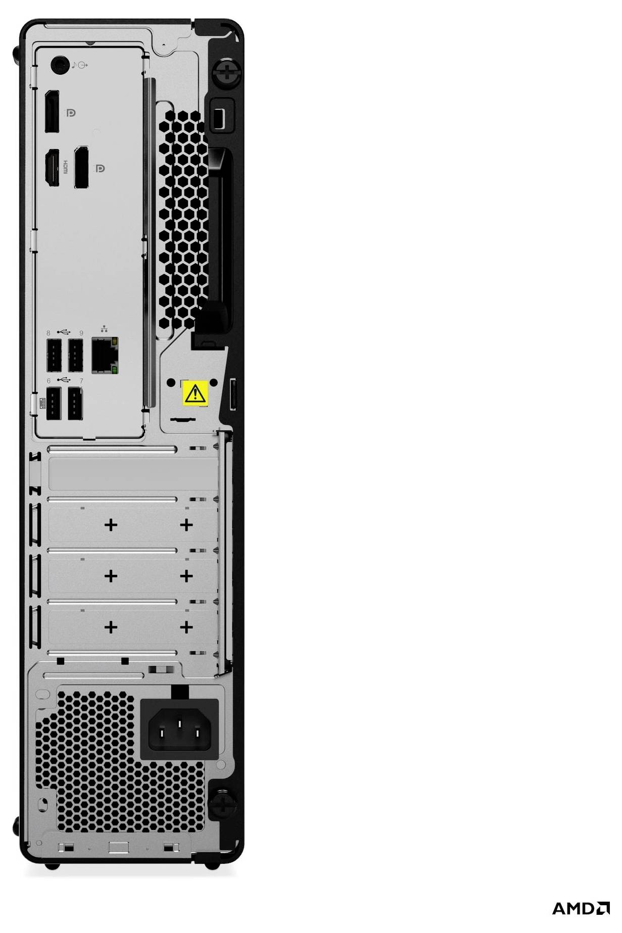 Rückansicht eines Computergehäuses mit mehreren Erweiterungssteckplätzen, USB-Anschlüssen, Ethernet-Ports und einer Belüftungsöffnung.