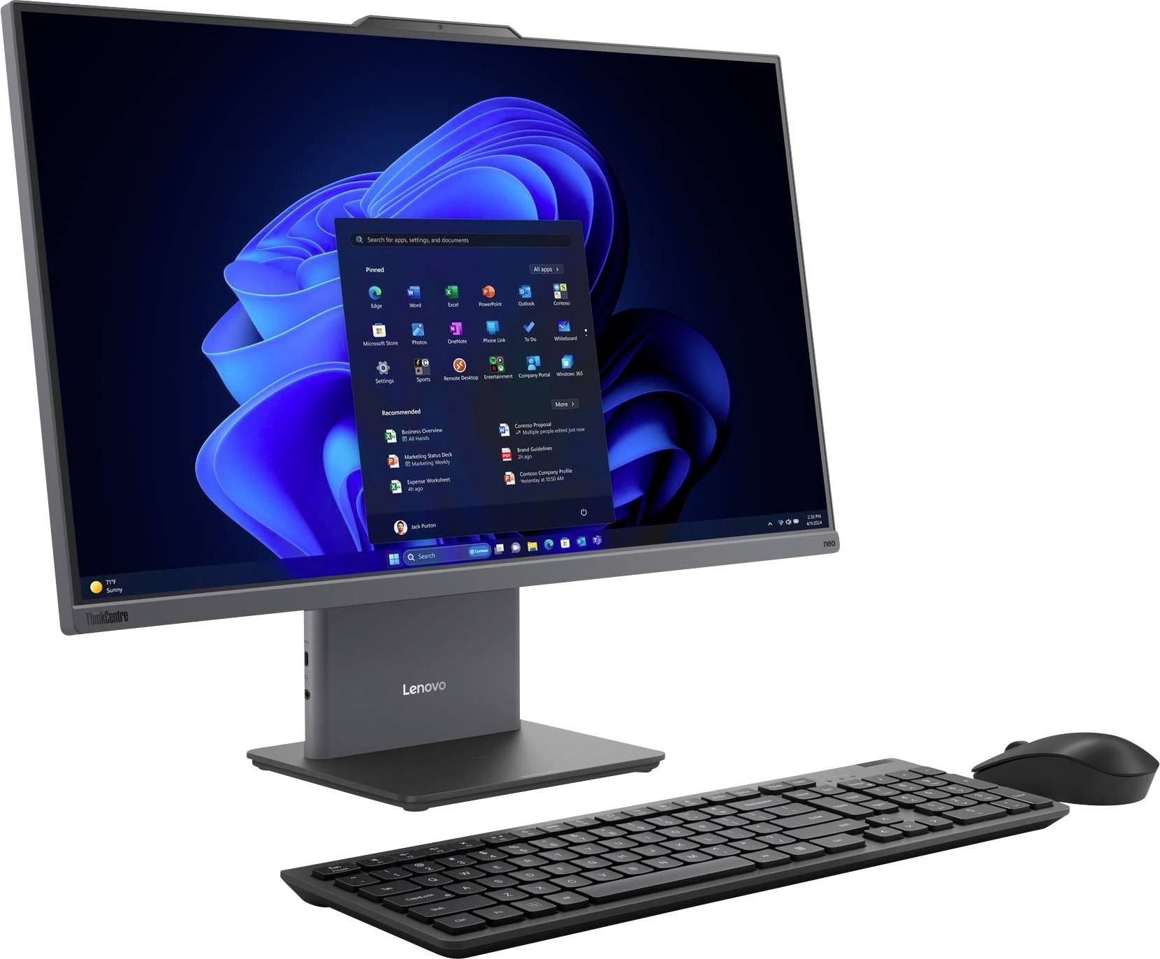 Ein Desktop-Computer mit einem Breitbildmonitor, auf dem das Startmenü von Windows 11 geöffnet ist, ergänzt durch eine Tastatur und eine Maus.