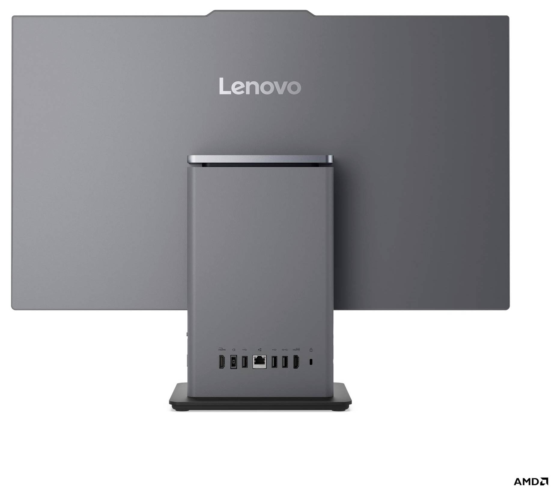 Ein Lenovo-Computermonitor mit schlankem Design, der das Markenlogo in der Mitte oben präsentiert und mehrere Anschlüsse auf der Rückseite aufweist.