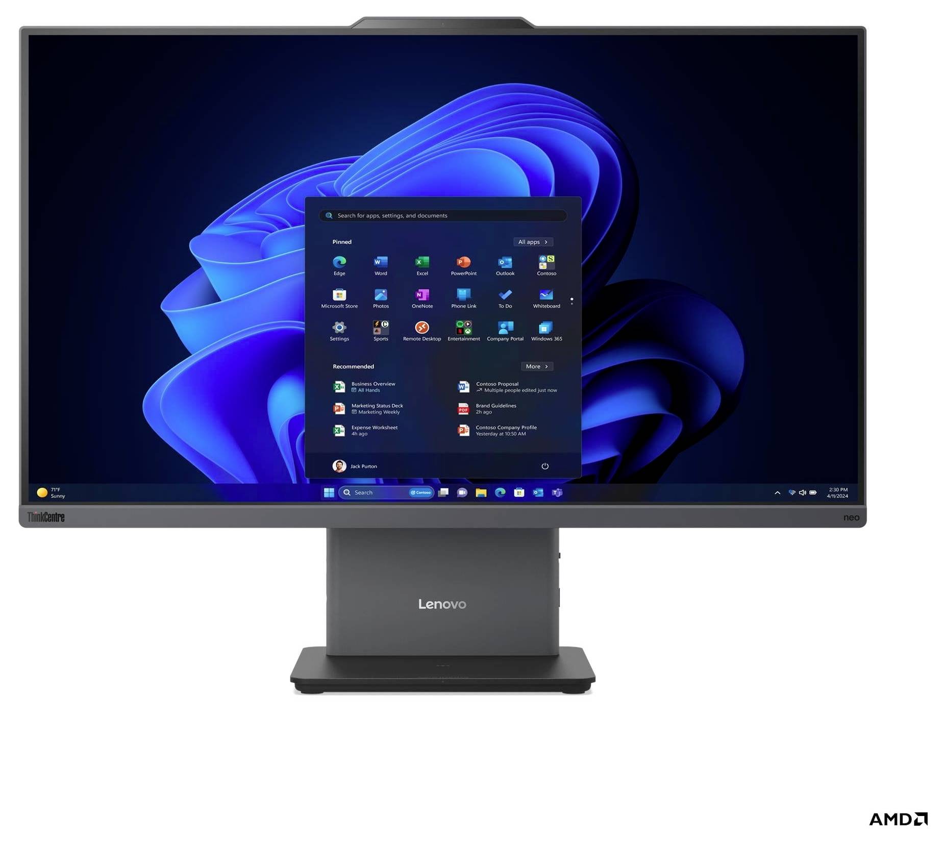 Ein Lenovo-Desktop-Monitor, der einen Windows 11-Startbildschirm mit geöffnetem Startmenü zeigt, auf dem verschiedene Anwendungssymbole zu sehen sind.