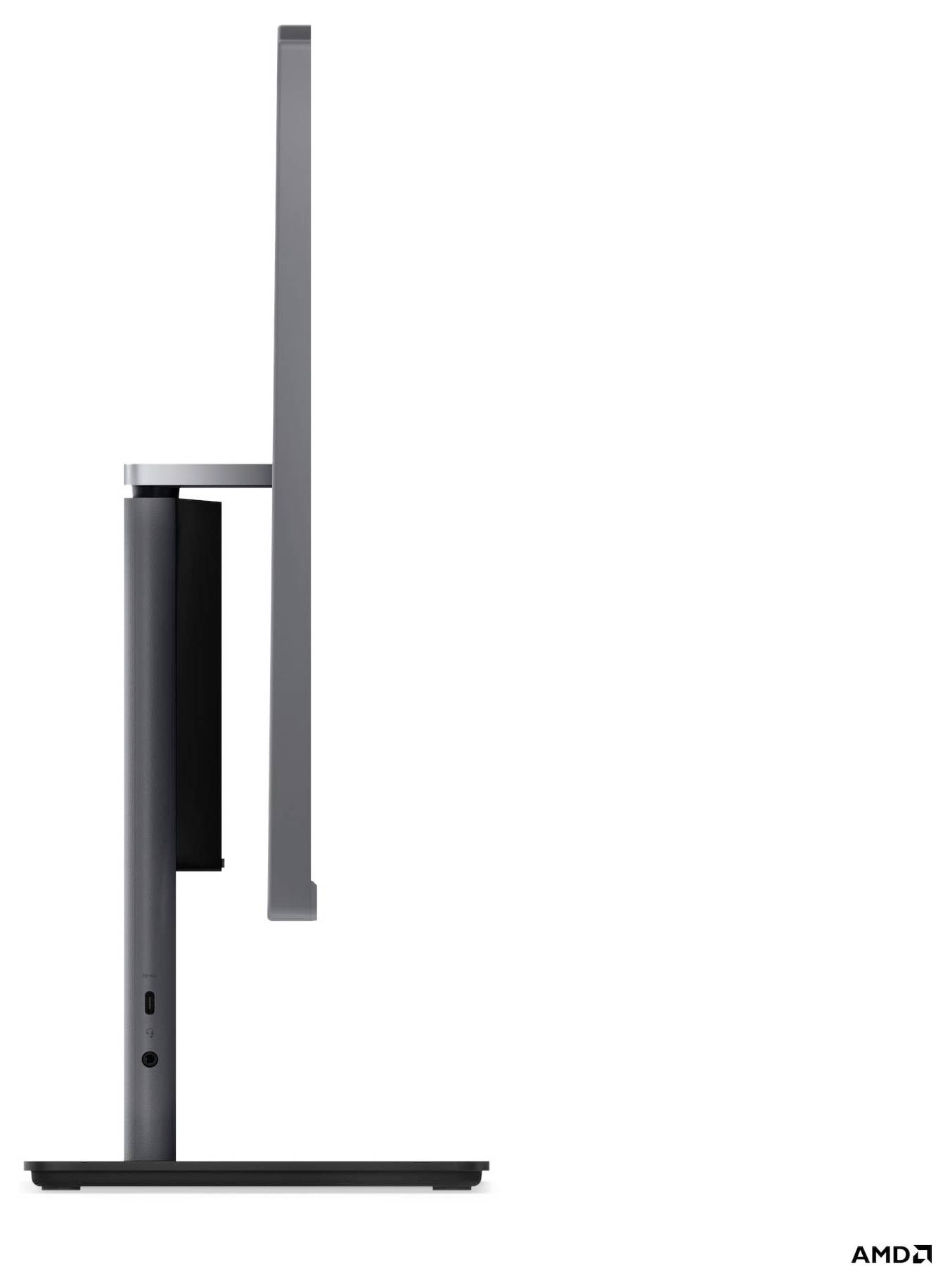 Seitenansicht eines dünnen Monitors mit elegantem Design, von rechts gesehen, die seinen schlanken Profilrand und Standfuß zeigt.