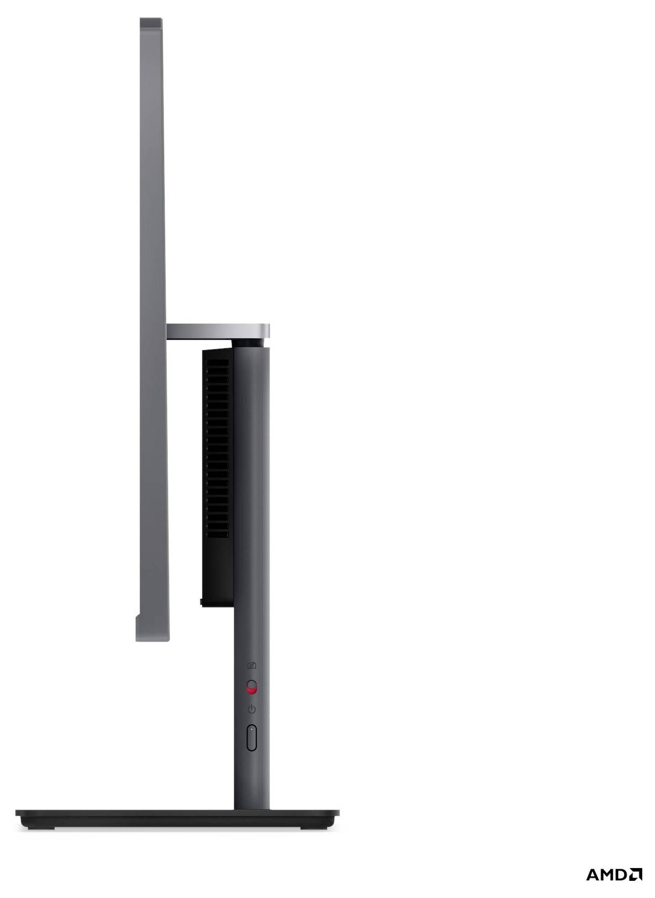 Seitenansicht eines schlanken schwarzen Computermonitors mit einem minimalistischen Ständer, der ein elegantes Design und einen kompakten Aufbau zeigt.