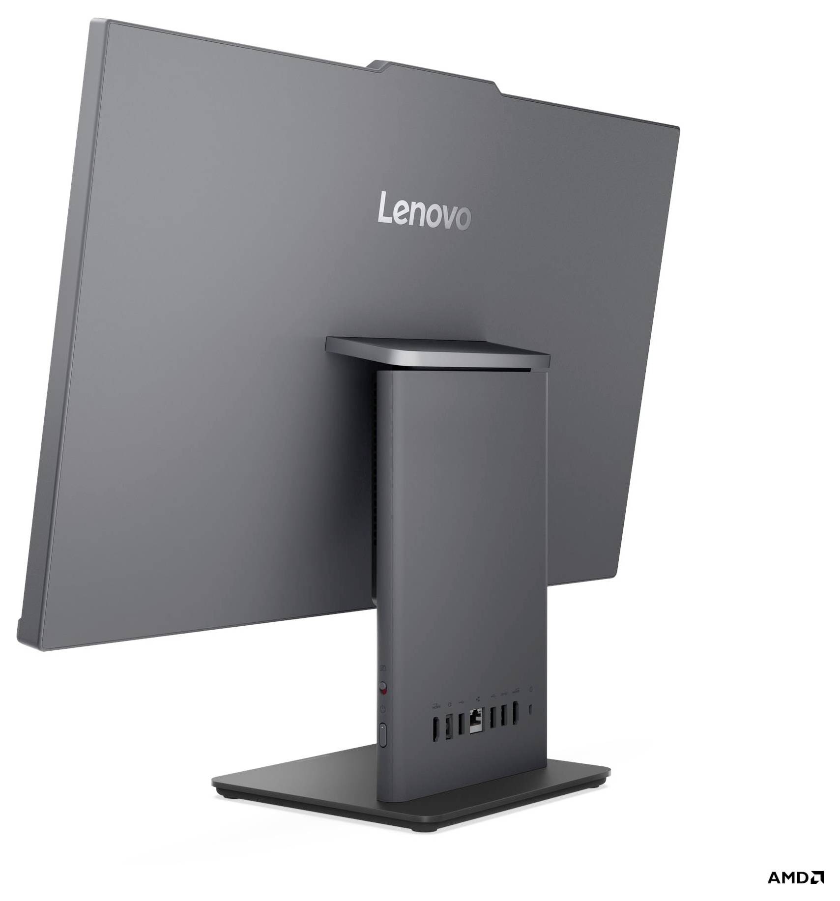 Rückansicht eines Lenovo-Computermonitors mit elegantem Design und mehreren Anschlüssen am Fuß, einschließlich USB-Verbindungen.