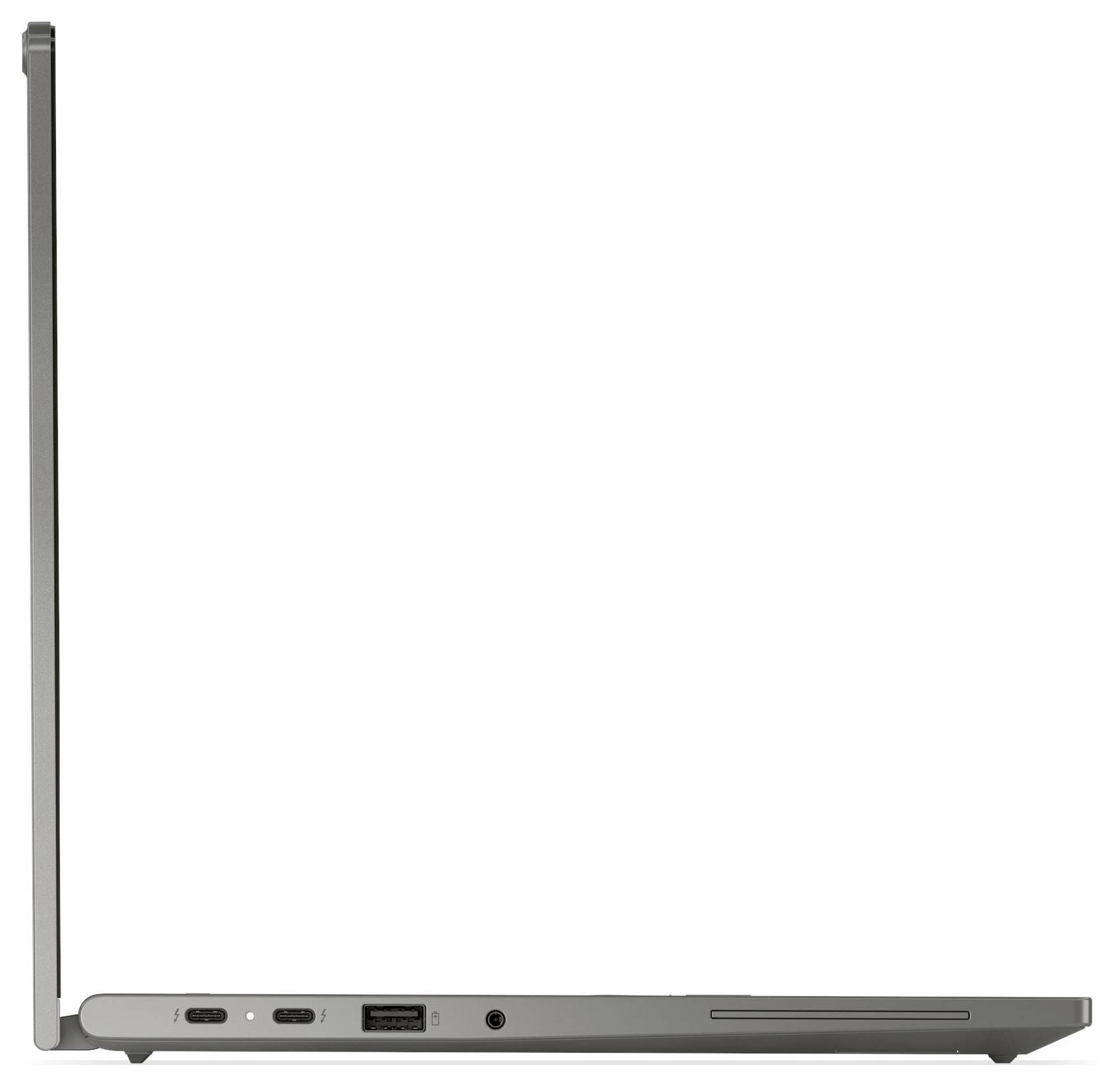 Seitenansicht eines geöffneten silbernen Laptops, der USB-Anschlüsse, HDMI und einen Kopfhörerbuchse an der linken Seite zeigt.