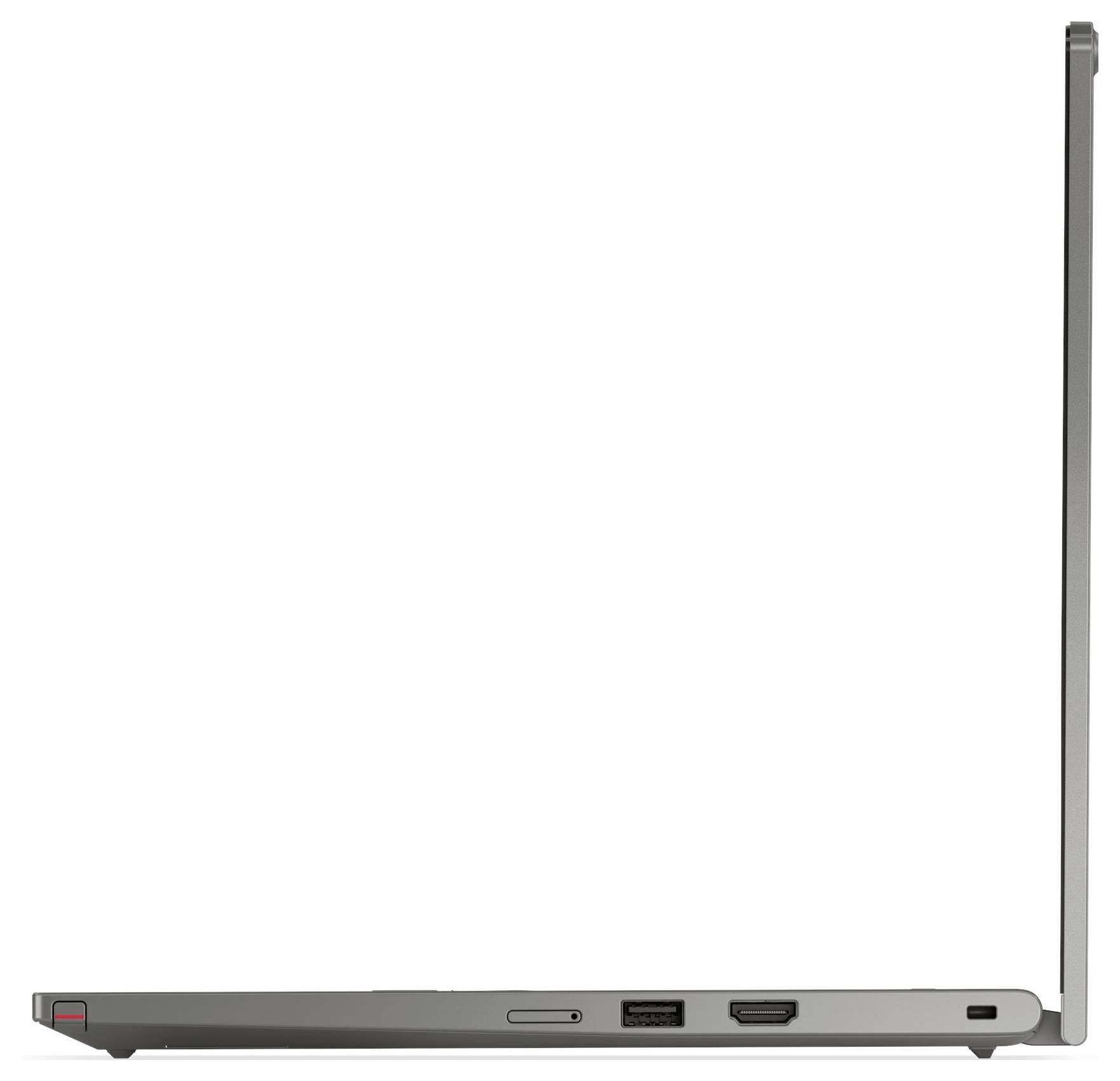 Seitenansicht eines geöffneten, dünnen Laptops, der sein schlankes Profil zeigt und mehrere Anschlüsse wie USB und HDMI an seiner Seite aufweist.