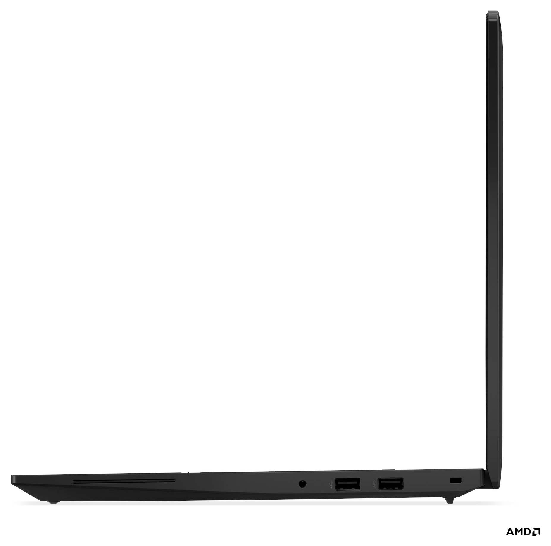 Seitenansicht eines offenen, schlanken Laptops mit USB-Anschlüssen, elegantem Design und minimaler Dicke.