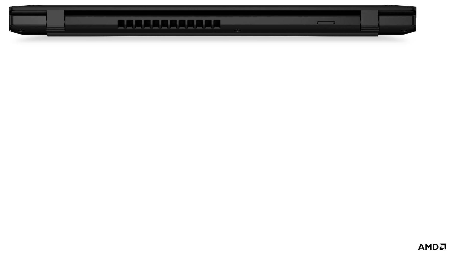 Ein geschlossener schwarzer Laptop von der Seite, der Lüftungsschlitze und einen USB-Anschluss zeigt. Das AMD-Logo ist in der unteren rechten Ecke sichtbar.