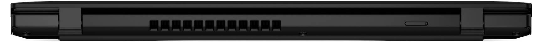 Rückansicht eines geschlossenen Laptops mit Lüftungsgitter und einem kleinen runden Knopf auf der rechten Seite.