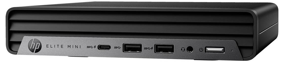 Ein kompakter schwarzer HP Elite Mini Desktop-Computer mit mehreren Frontanschlüssen, einschließlich USB-C, USB-A und Audioverbindungen.