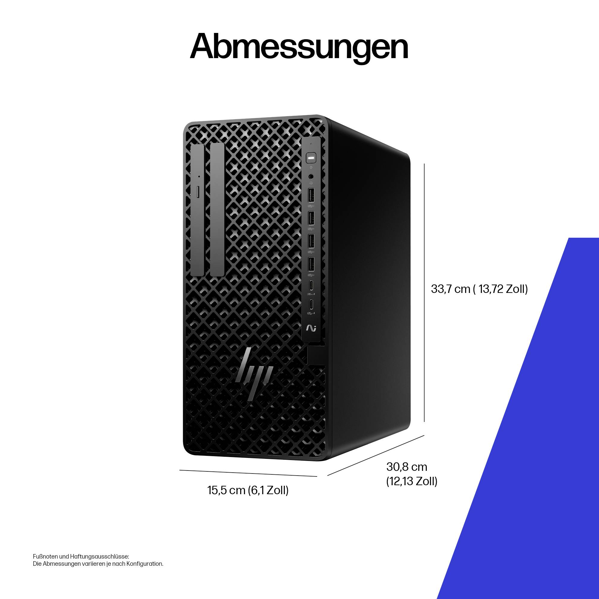 Ein schwarzer Desktop-Computerturm mit Lüftungsschlitzen wird gezeigt mit den Abmessungen: 33,7 cm Höhe, 30,8 cm Tiefe und 15,5 cm Breite.