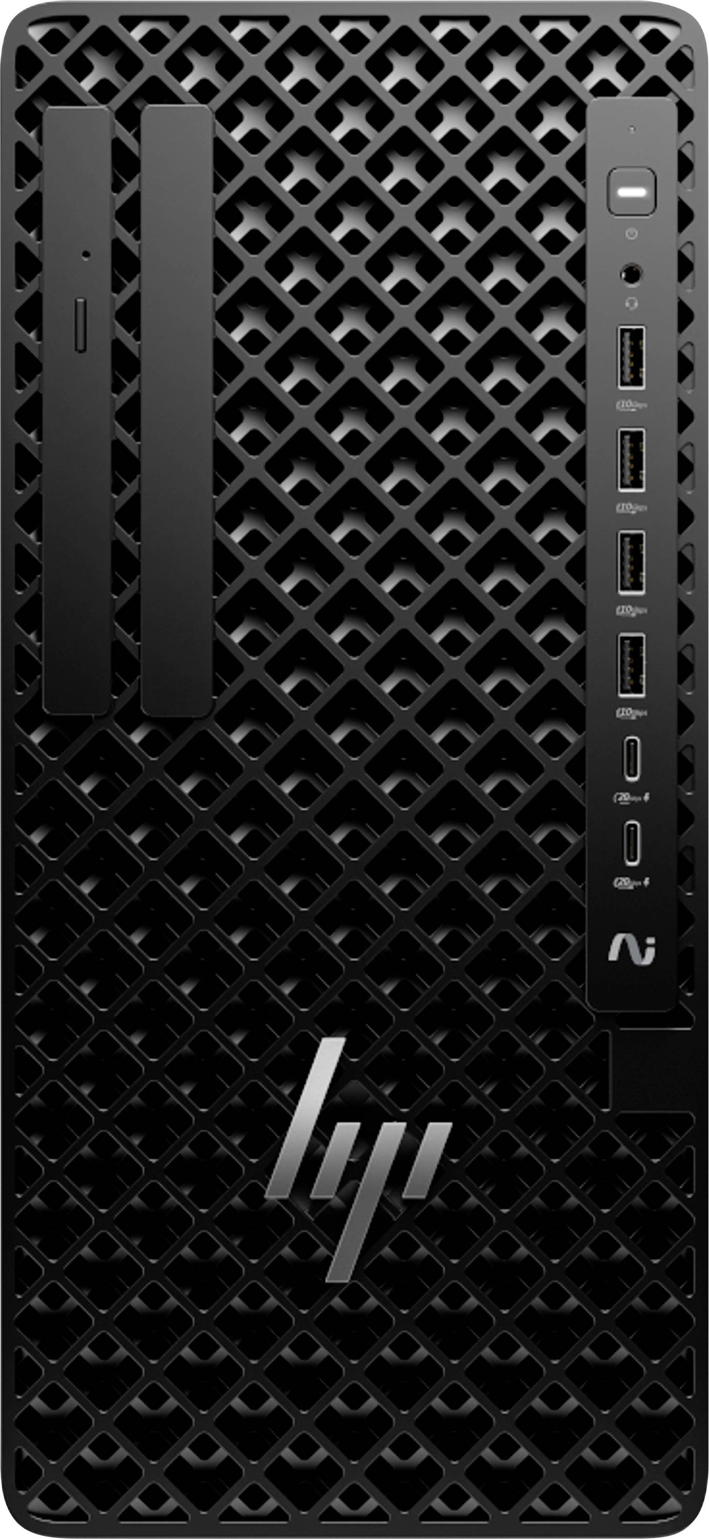Eine Frontansicht eines schwarzen Desktop-Towers mit Gitterdesign, ausgestattet mit mehreren USB-Anschlüssen, einem Logo und einem vertikalen optischen Laufwerk.