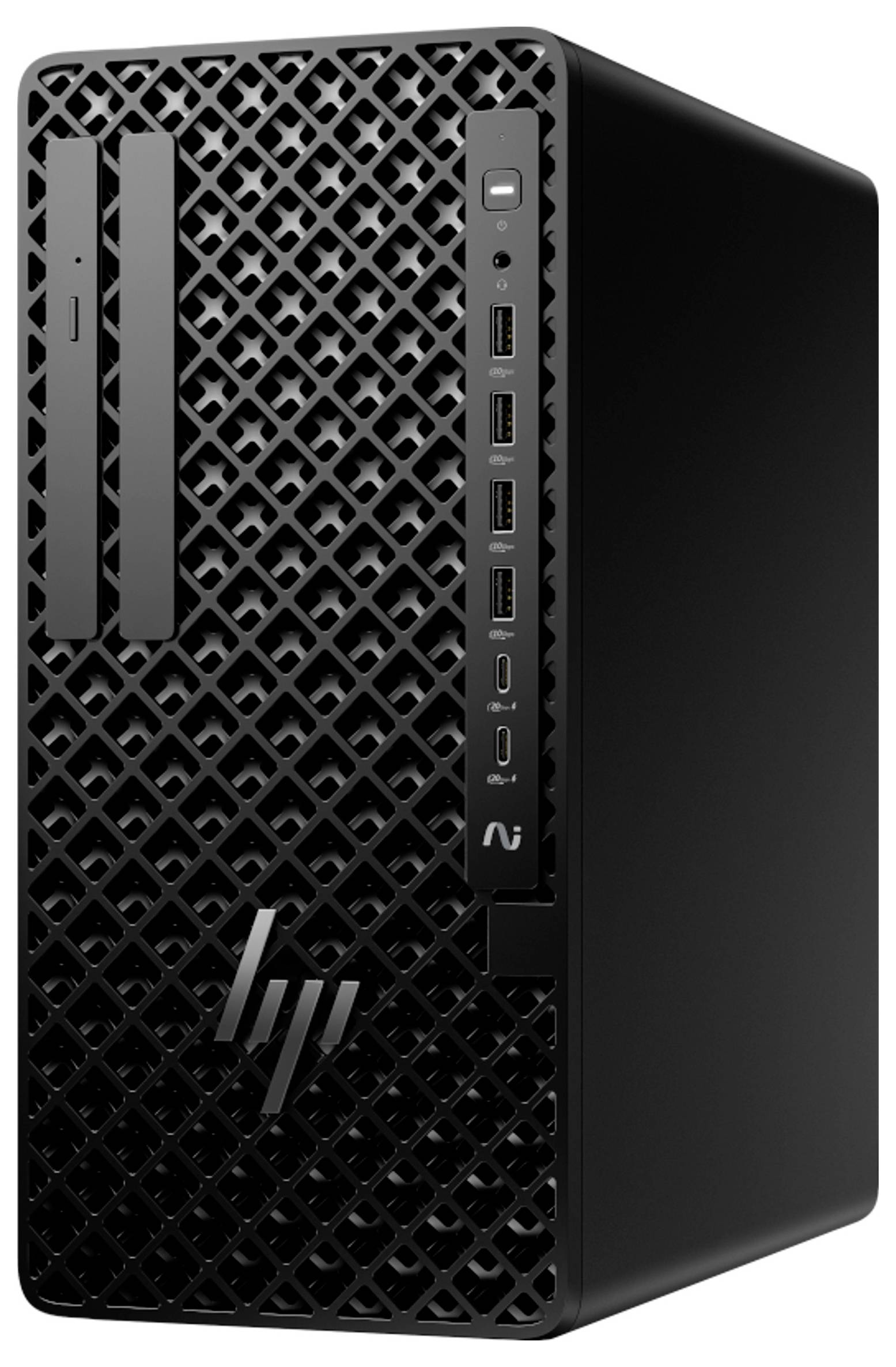 Ein schwarzer Computer-Tower mit einer belüfteten Frontplatte, mehreren USB-Anschlüssen, Einschaltknopf und Markenlogo in der unteren linken Ecke.
