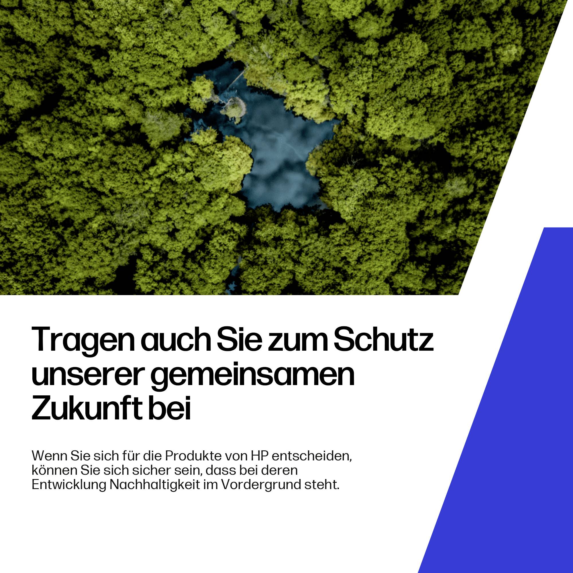 Luftaufnahme eines sich schlängelnden Flusses durch einen dichten Wald. Text: 'Tragen auch Sie zum Schutz unserer gemeinsamen Zukunft bei.'